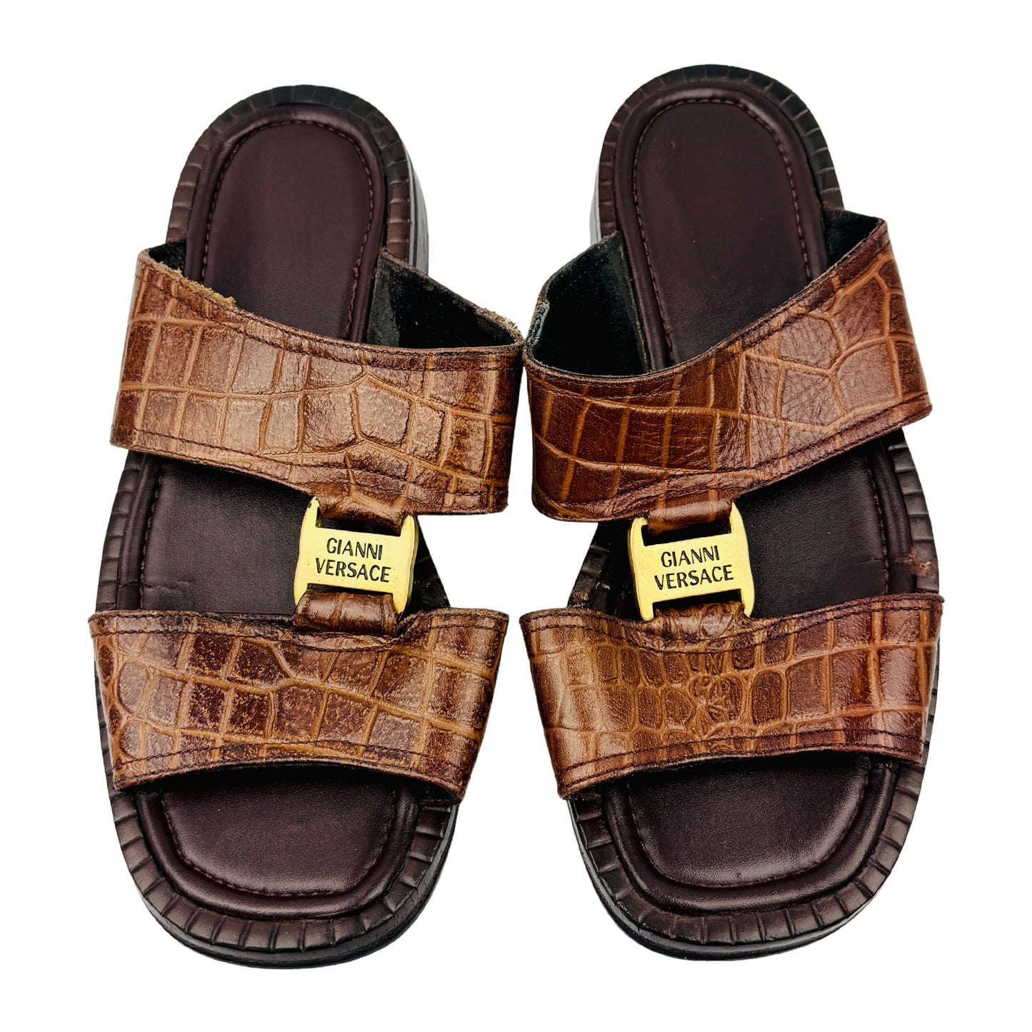 Versace Brown Crocodile Embossed Strap Slides (Size 42.5)