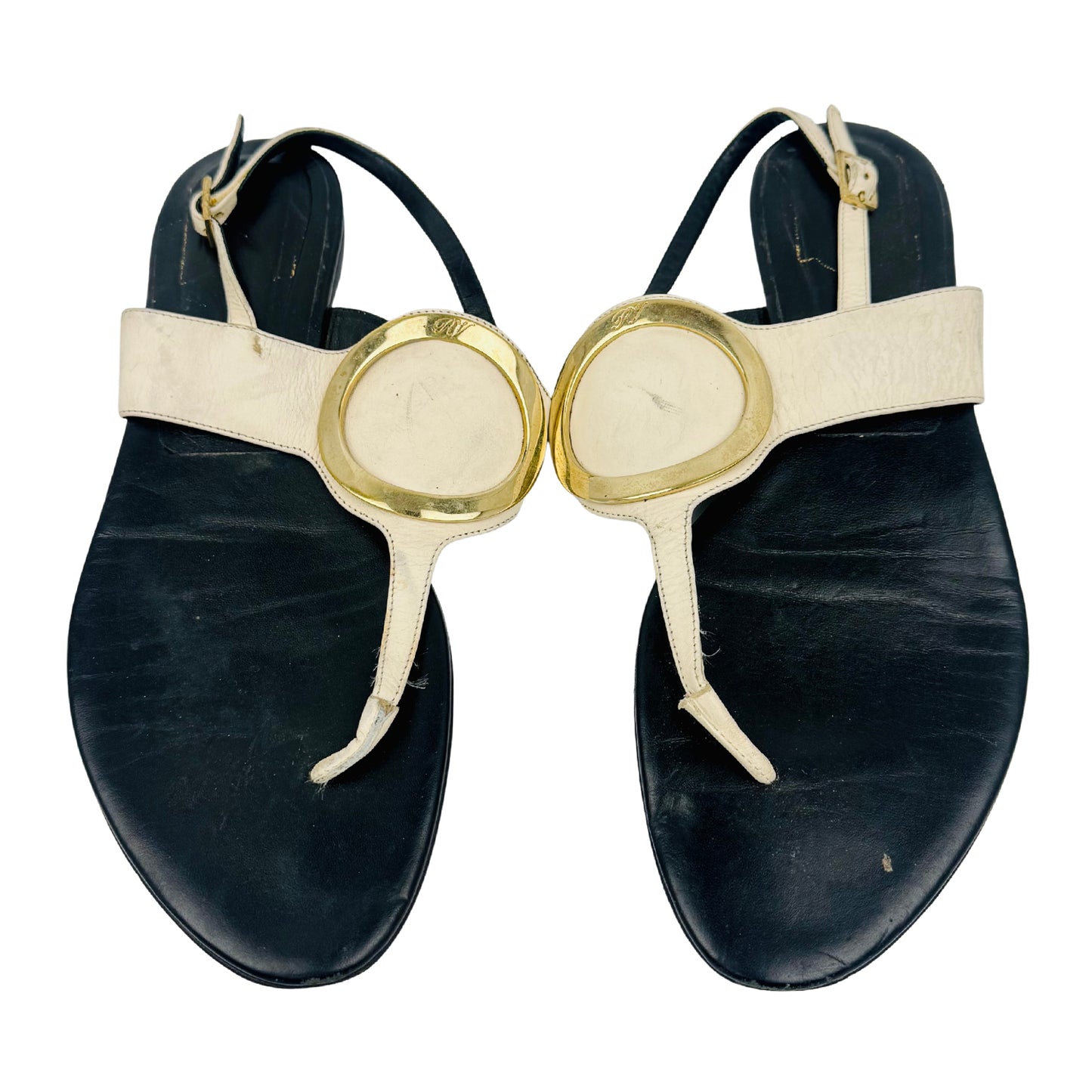Roger Vivier Off-White Black T-bar Flat Sandals (Size 38.5)