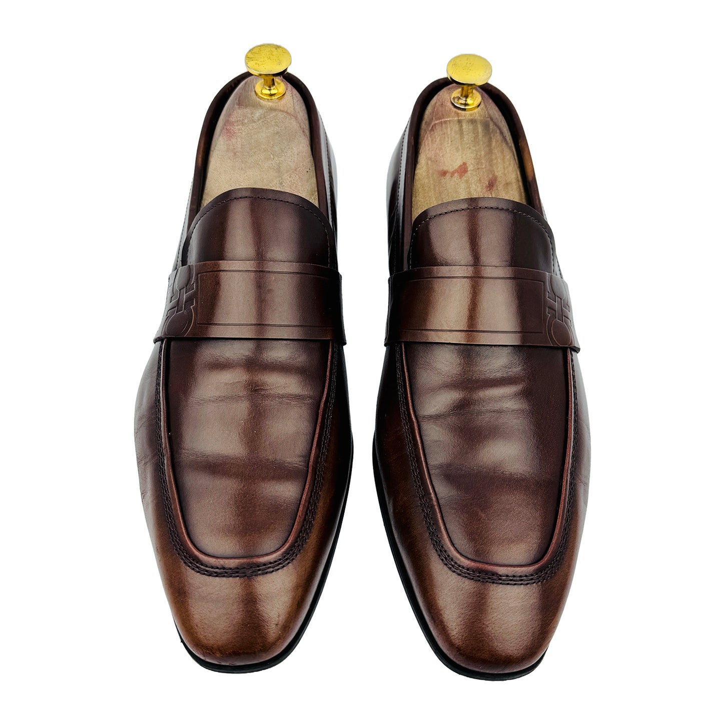 Front image of Salvatore Ferragamo Men's Gancini Embossed Brown Loafers (Size 41.5/42)