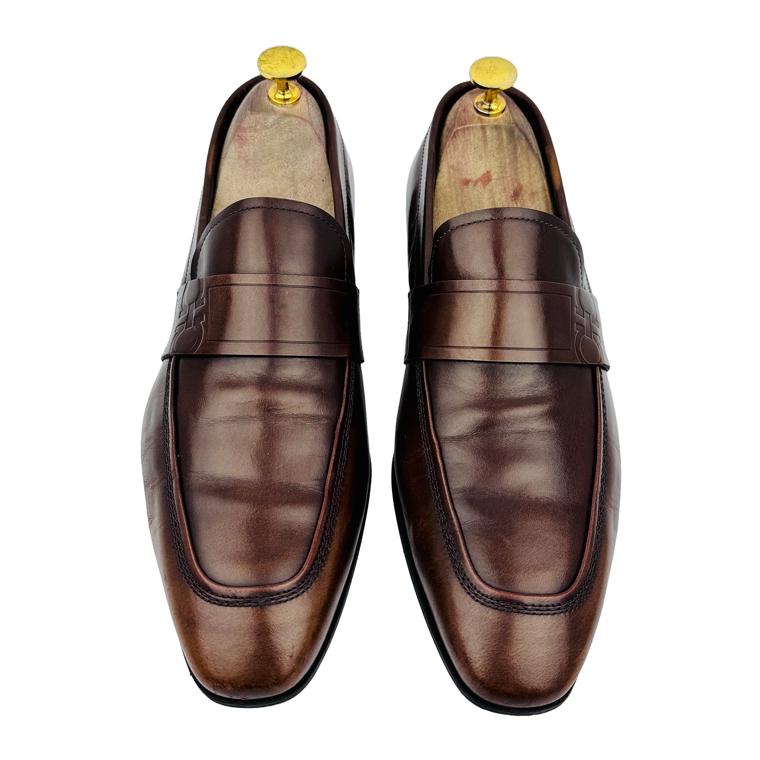 Front image of Salvatore Ferragamo Men's Gancini Embossed Brown Loafers (Size 41.5/42)