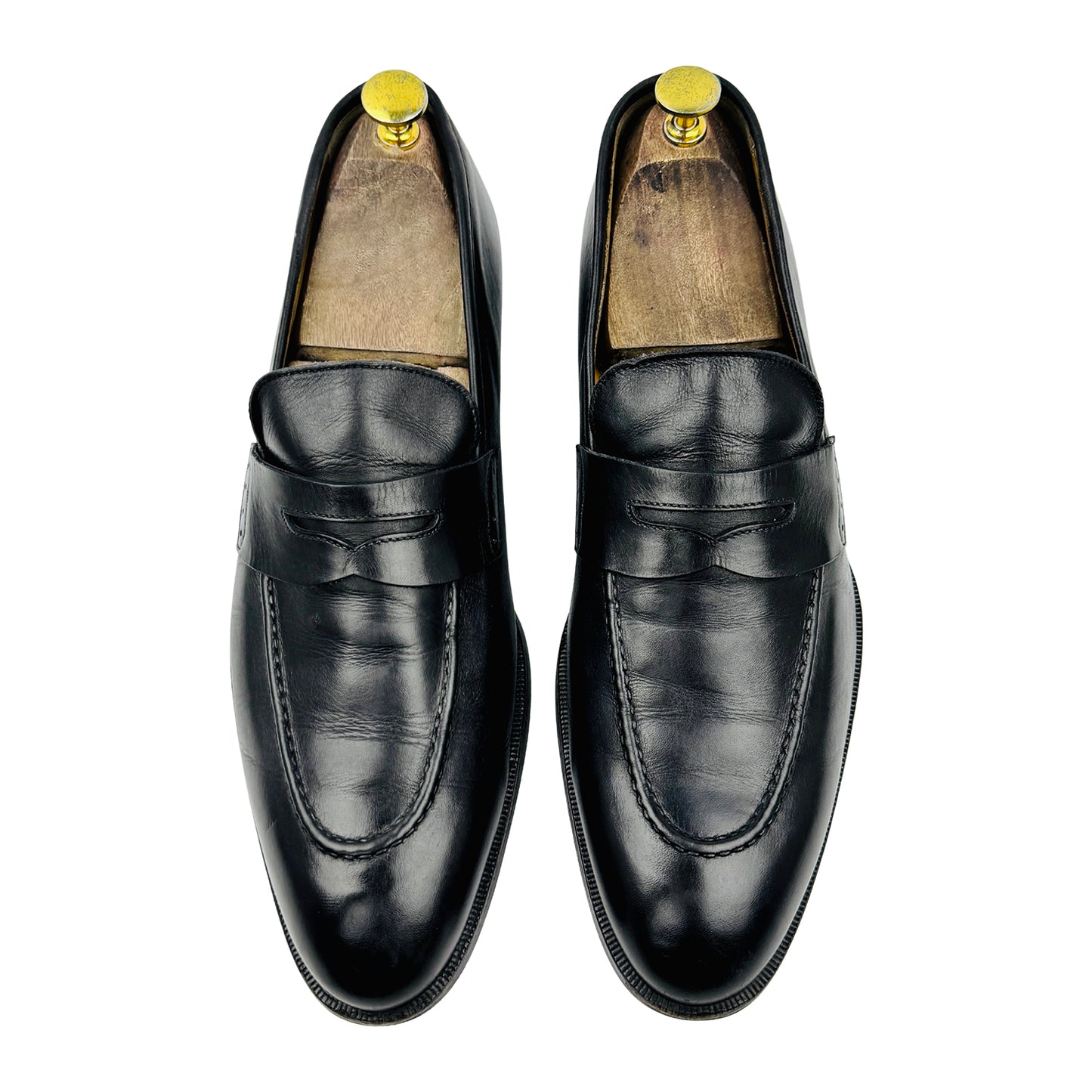 Scarpe di Bianco Black Leather Penny Loafers (Size 43.5)