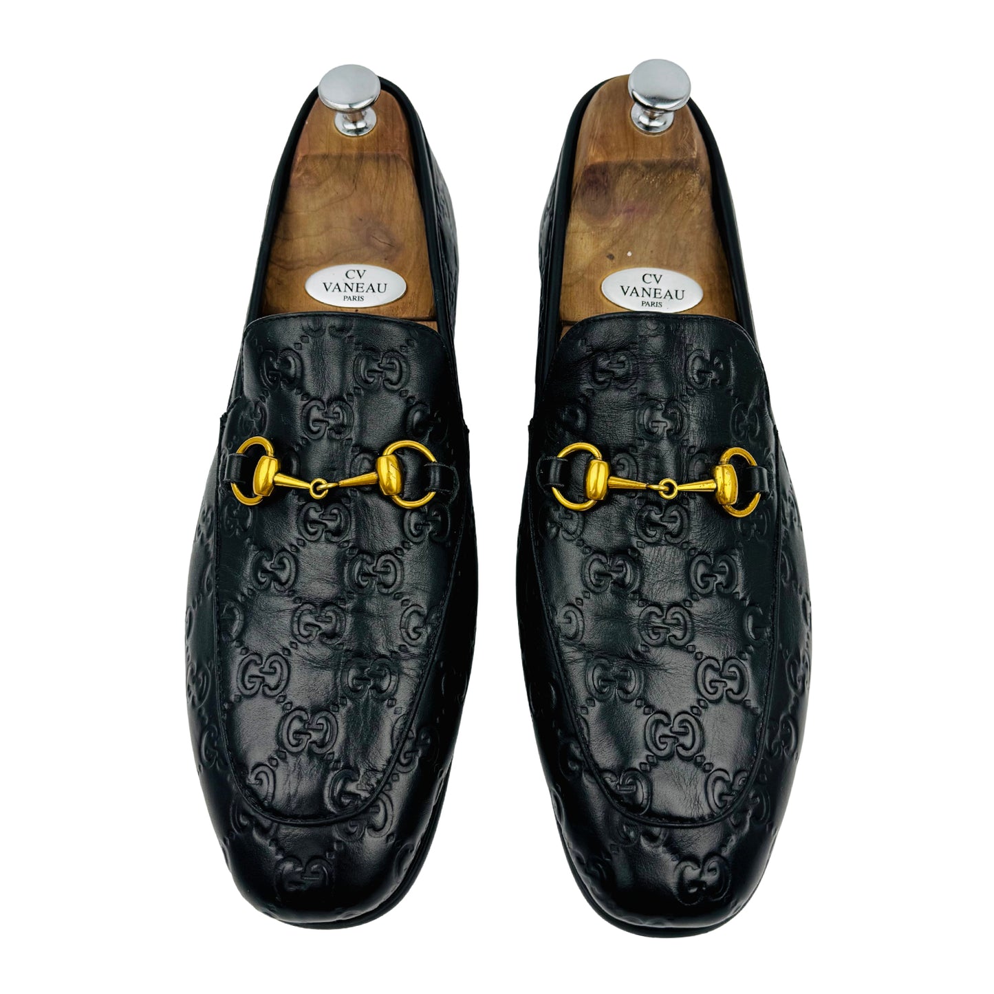 Gucci Jordaan Black Leather GG Embossed Loafers (Size 45)