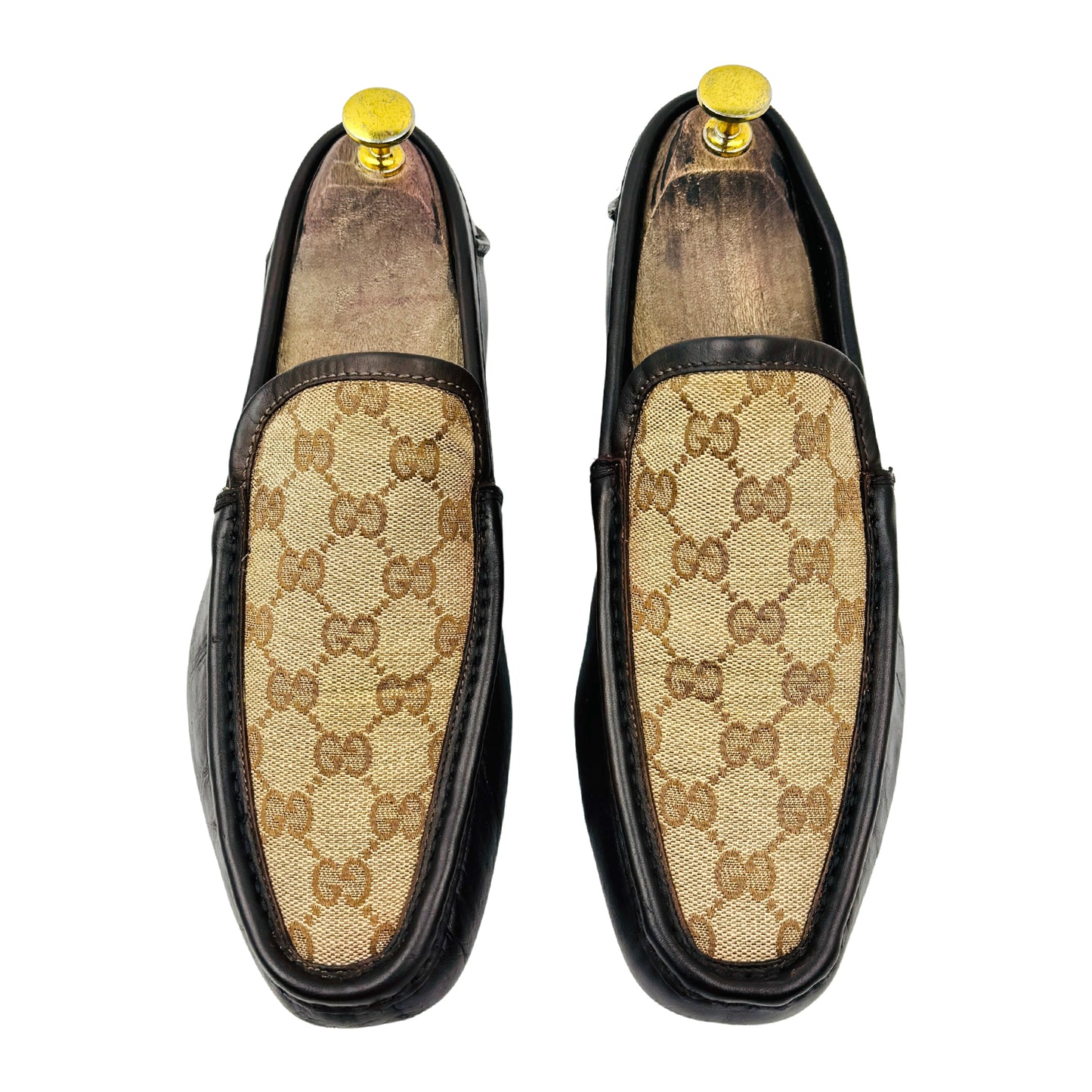 Gucci GG Canvas Dark Brown Leather Driving Loafers (Size 41)
