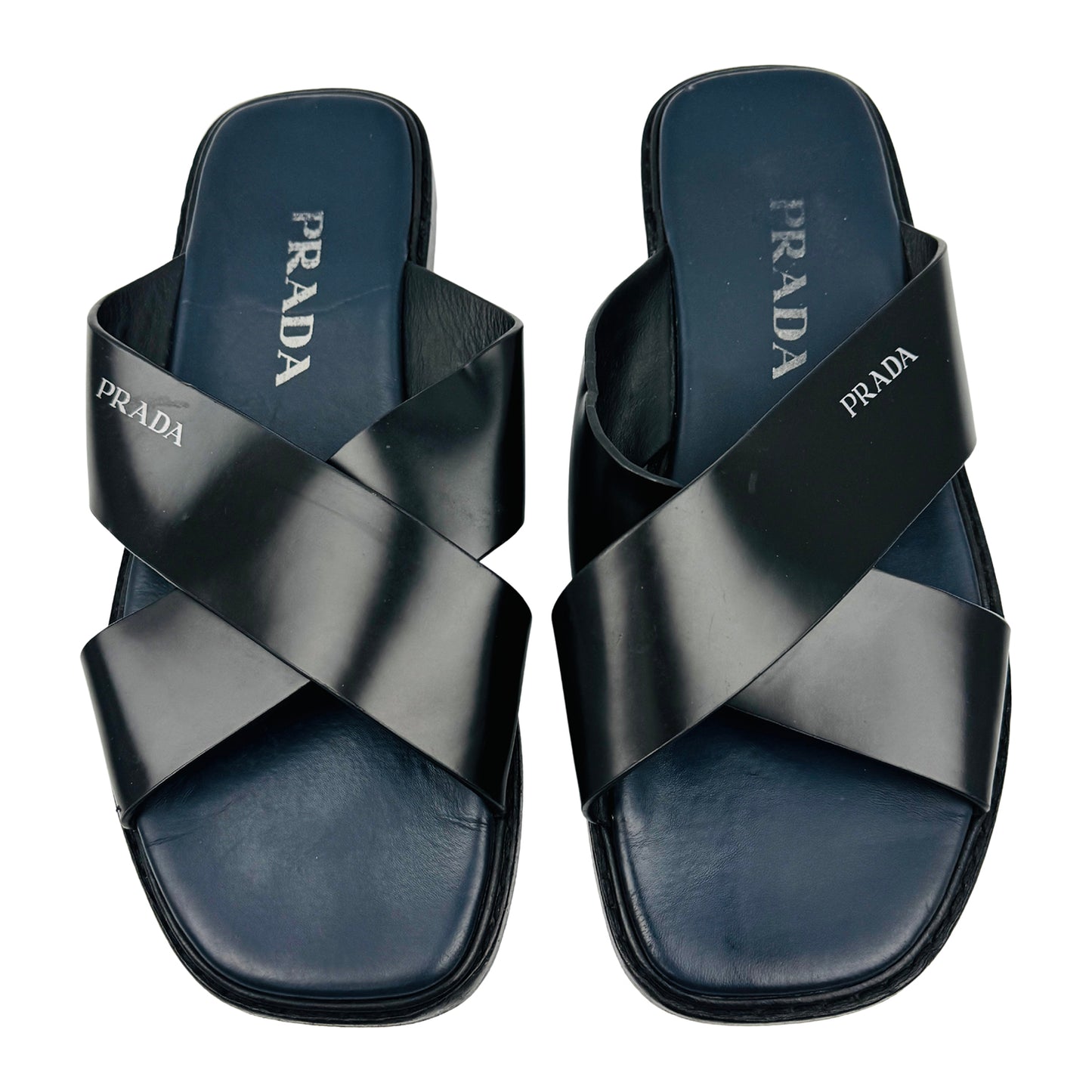 Prada Black Leather Cross Strap Sandal Slides (Size 43/43.5)