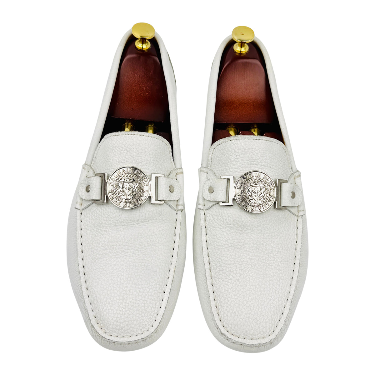 Balmain White Pebbled Leather Driving Loafers (Size 44)