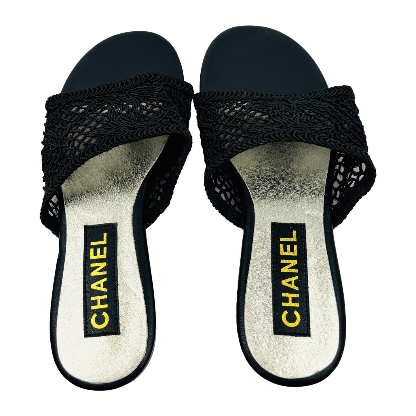 Chanel Black Crochet Knit CC Logo Sandal Slides (Size 37)