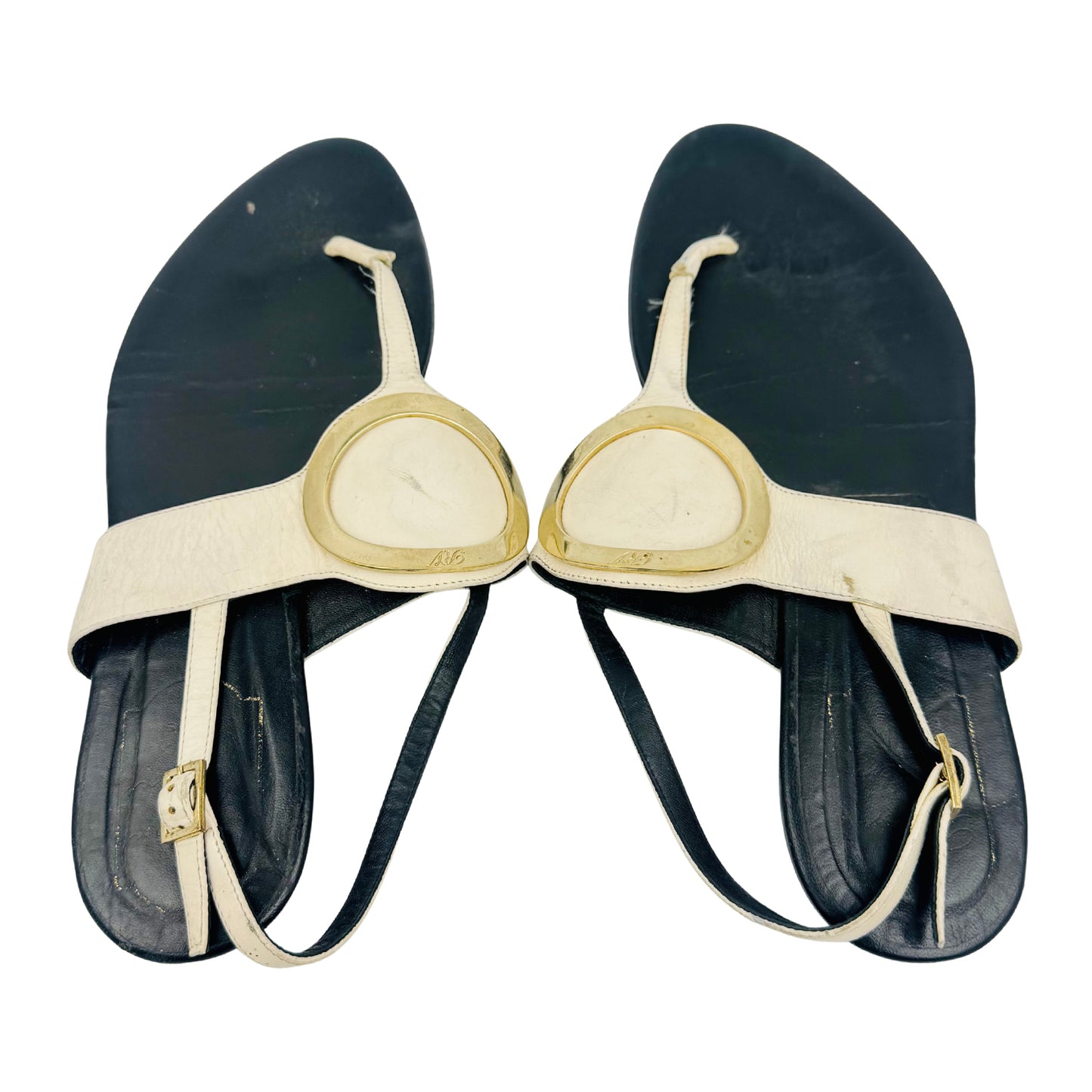 Roger Vivier Off-White Black T-bar Flat Sandals (Size 38.5)
