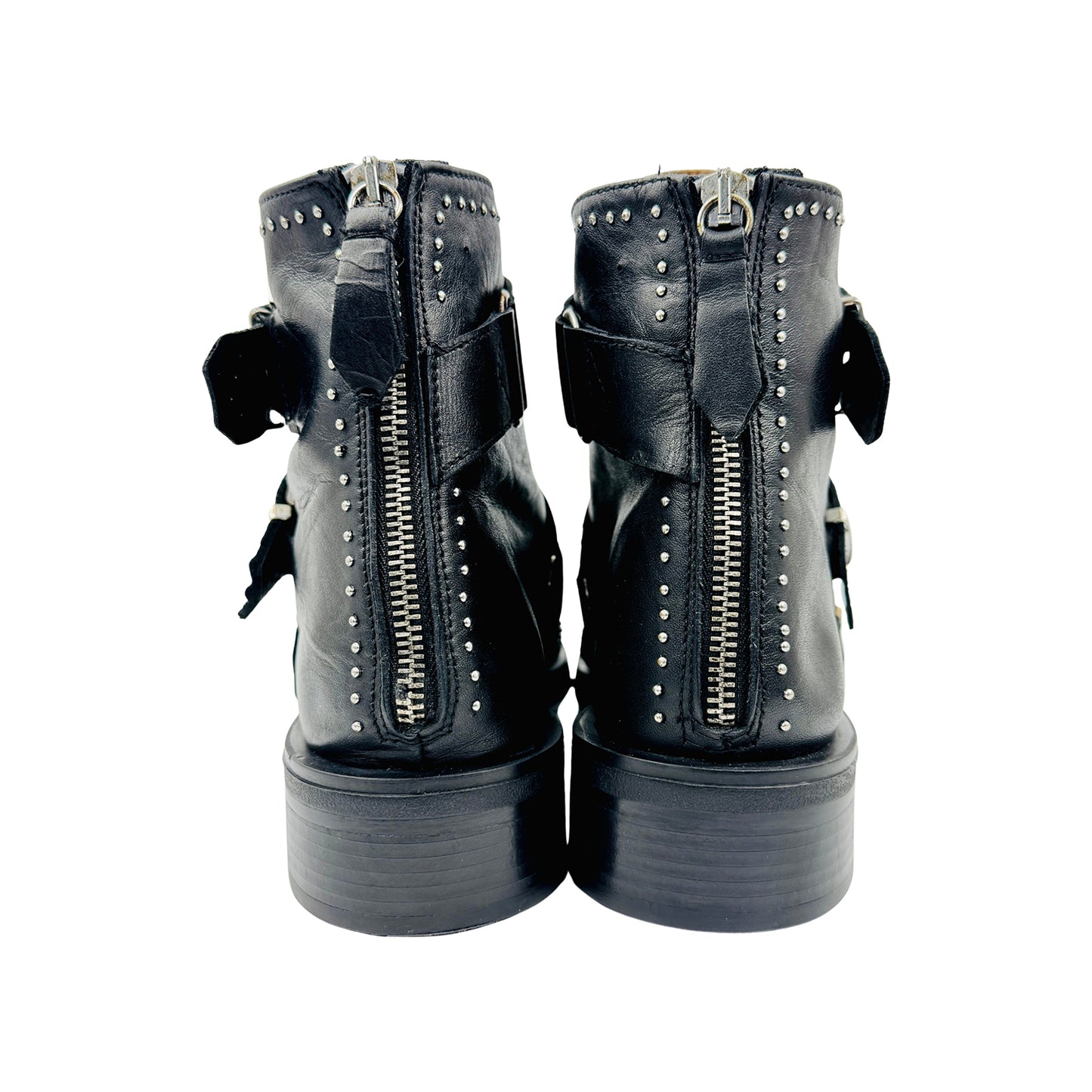 Zara Triple Buckle Leather Studded Ankle Boots (Size 41)