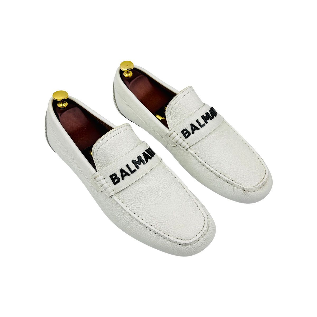 Balmain Pebbled Leather White Driving Loafers (Size 45)