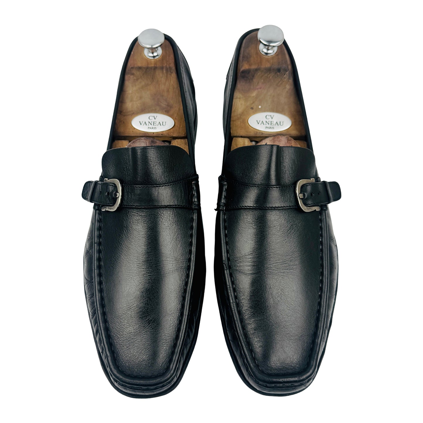 Salvatore Ferragamo Black Leather Buckle Loafers (Size 44)