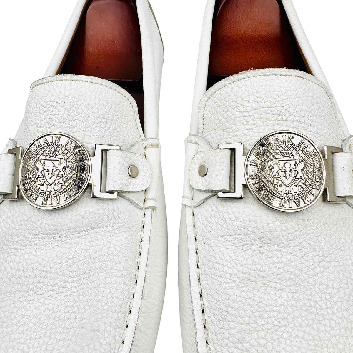 Balmain White Pebbled Leather Driving Loafers (Size 44)