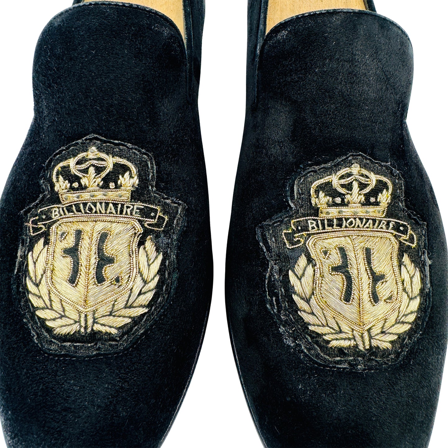 Billionaire Black Gold Velvet Embossed Logo Loafers (Size 42.5/43)