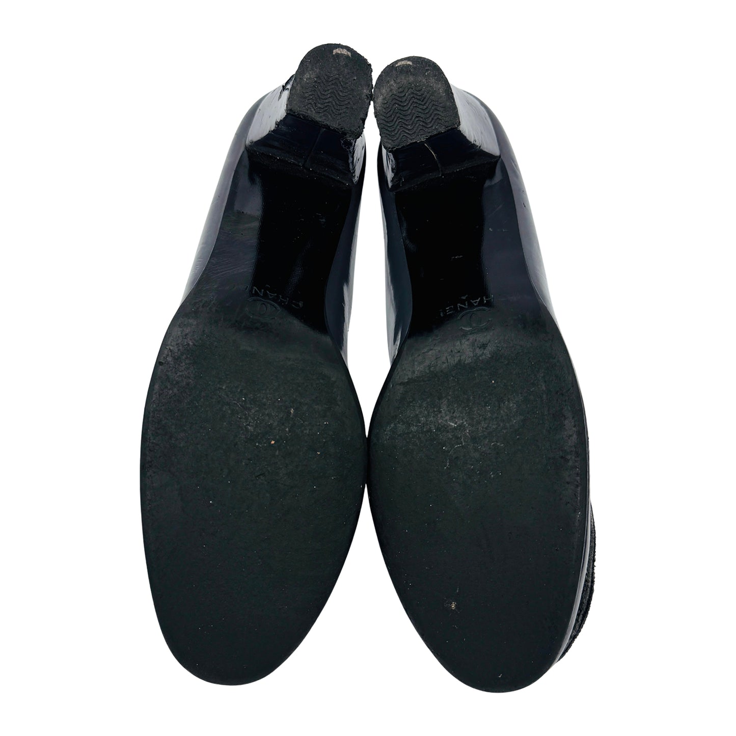Chanel Women's Black Patent Cap Toe Ballet Heels (Size 36.5)