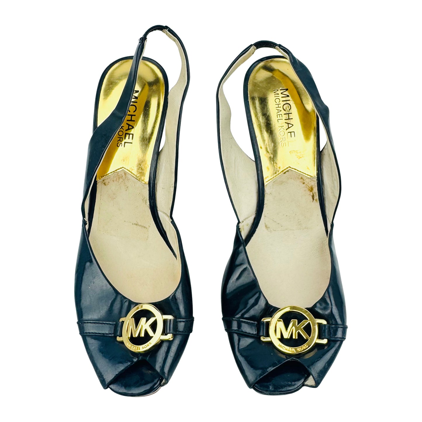 Michael Kors Navy Logo Wedge Slingback Heels (Size 38)