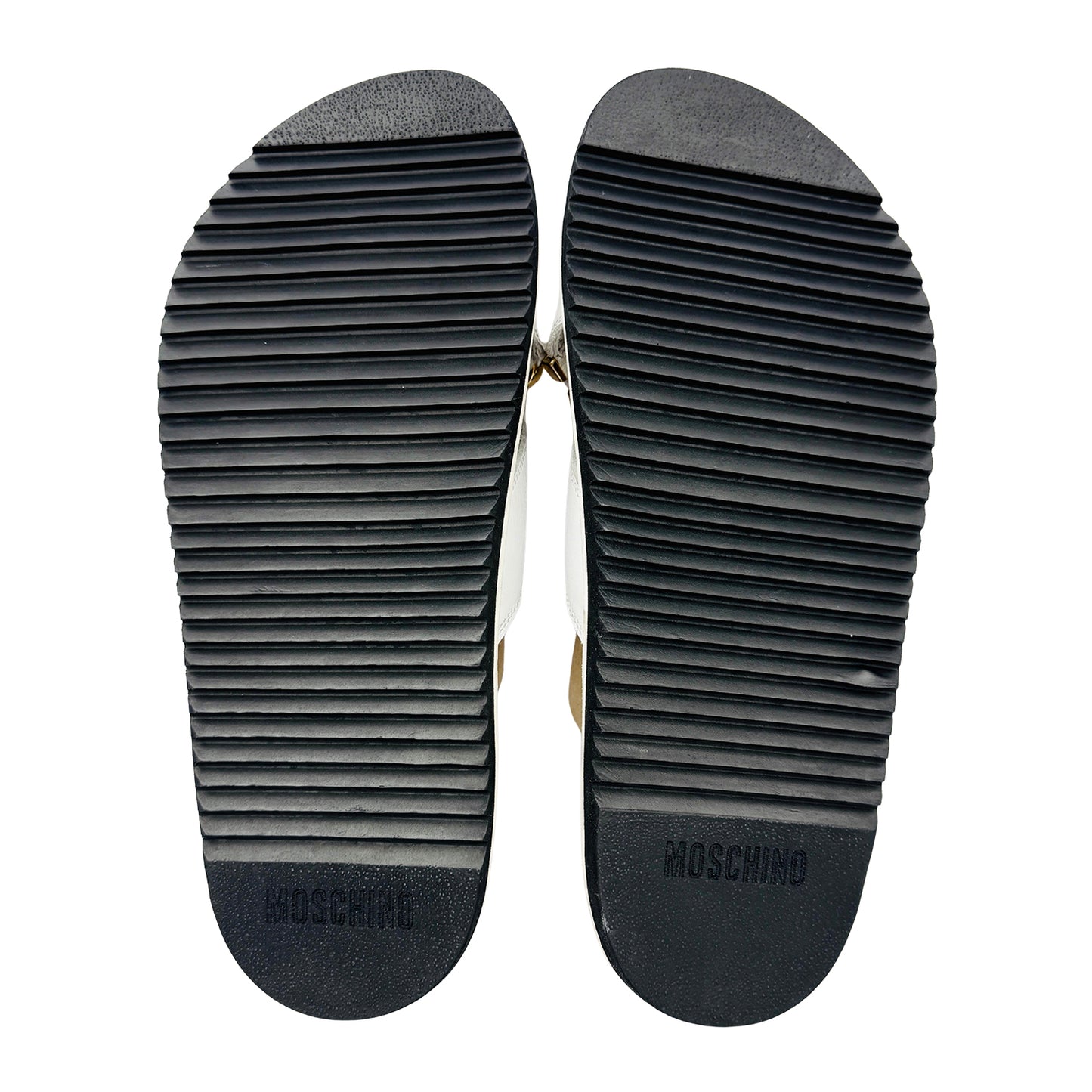 Moschino Lettering Logo Charm Leather White Slides (Size 41/42)