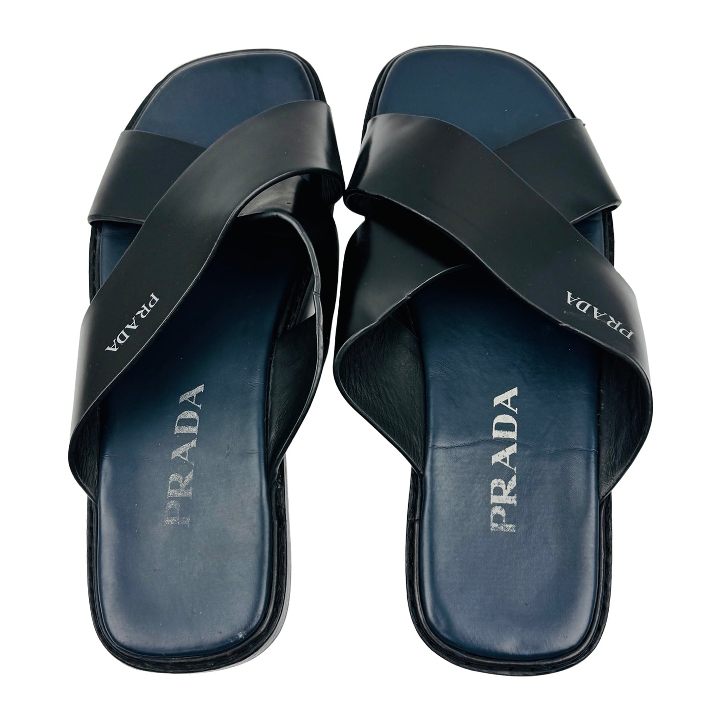 Prada Black Leather Cross Strap Sandal Slides (Size 43/43.5)