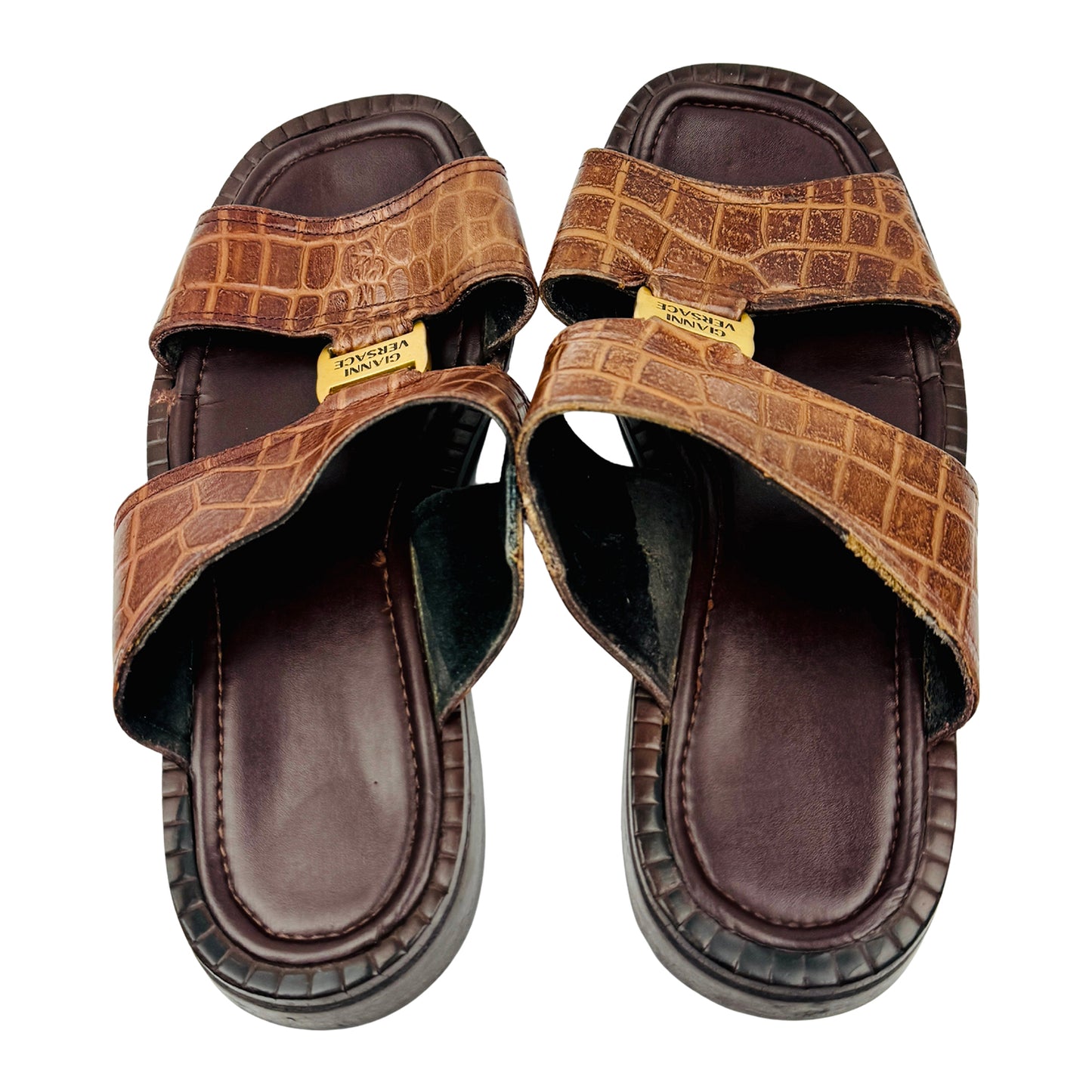 Versace Brown Crocodile Embossed Strap Slides (Size 42.5)
