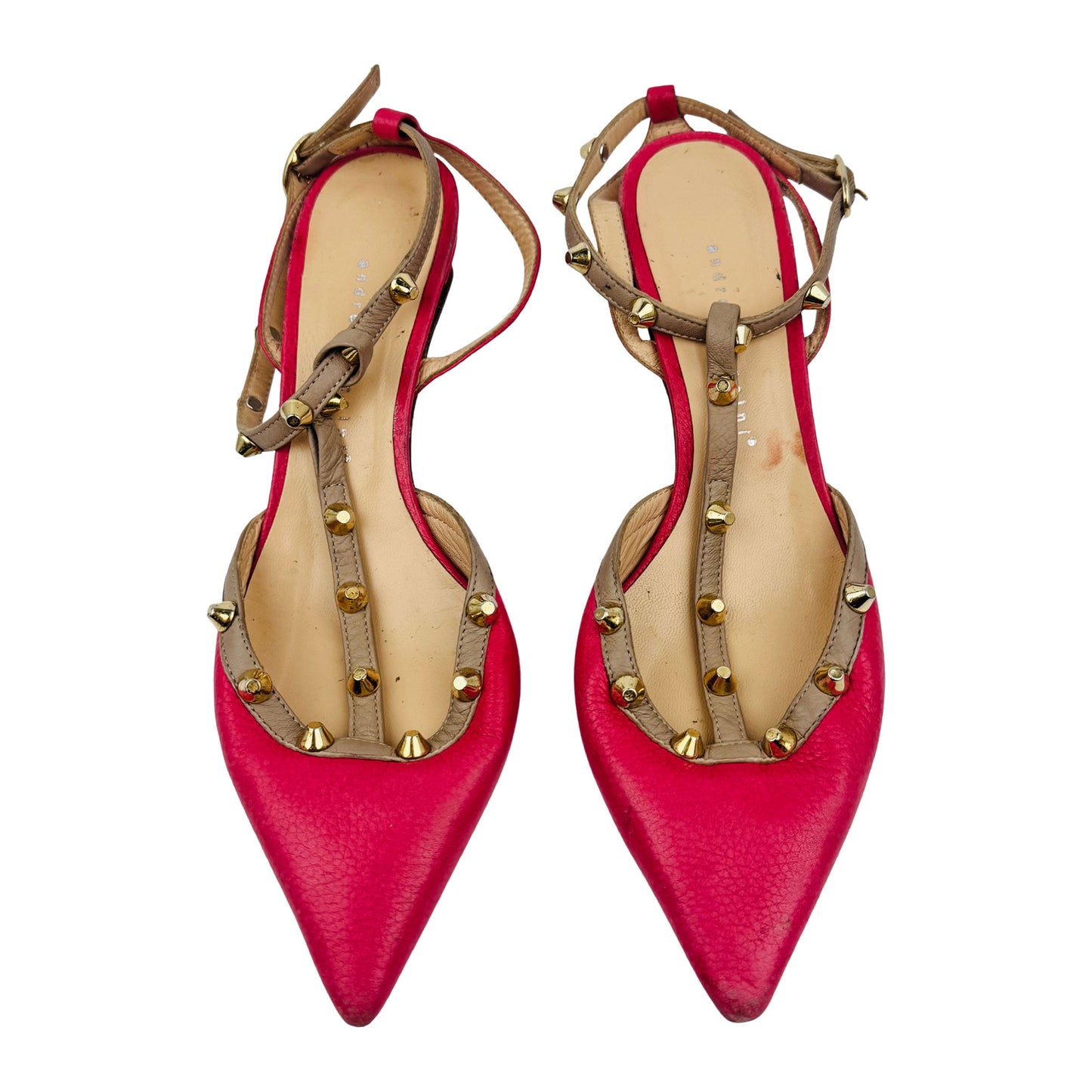 Andrea Puccini Gold-Tone Studs Heel Sandals (Size 38.5)