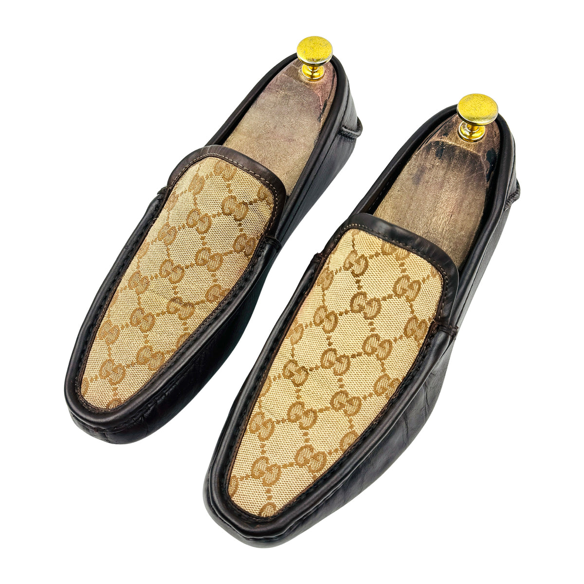 Gucci GG Canvas Dark Brown Leather Driving Loafers (Size 41)