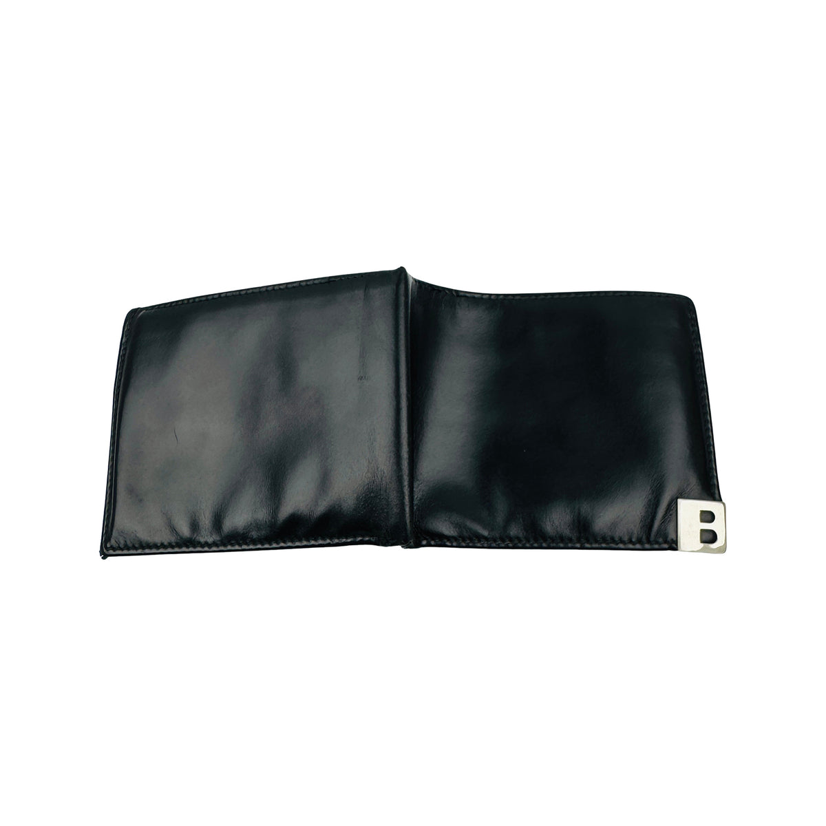 Bally Black Leather Bi-Fold Metal B Corner Wallet