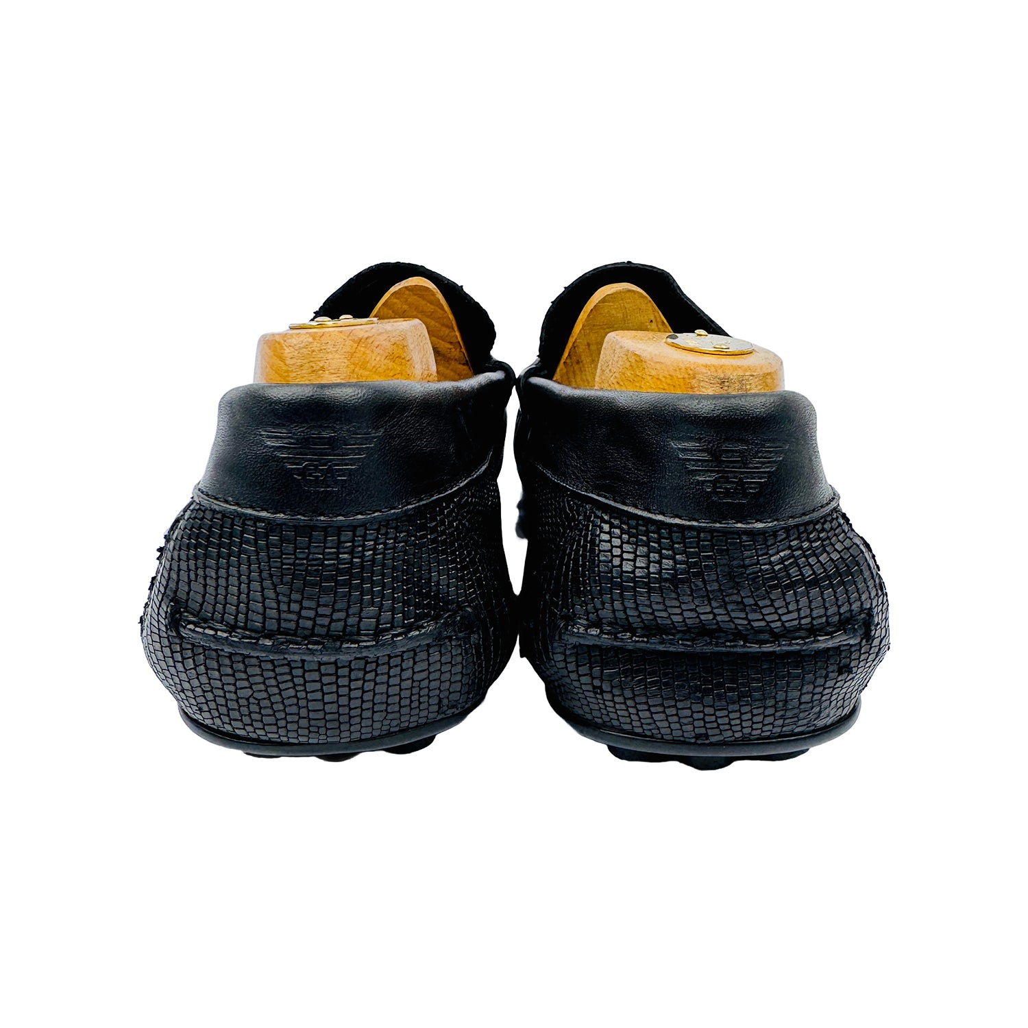 Back Side image of Emporio Armani Men's Black Textured Loafers (Size 42.5/43) - X4B064