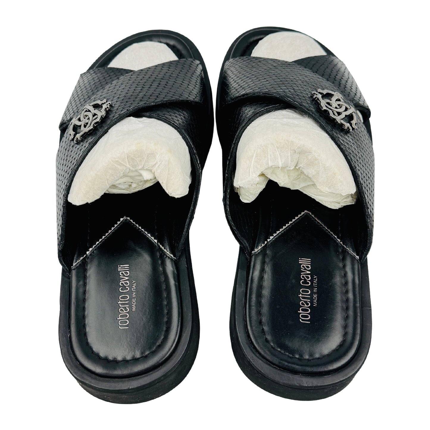 Roberto Cavalli Snake Effect Black Leather Slides (Size 41)
