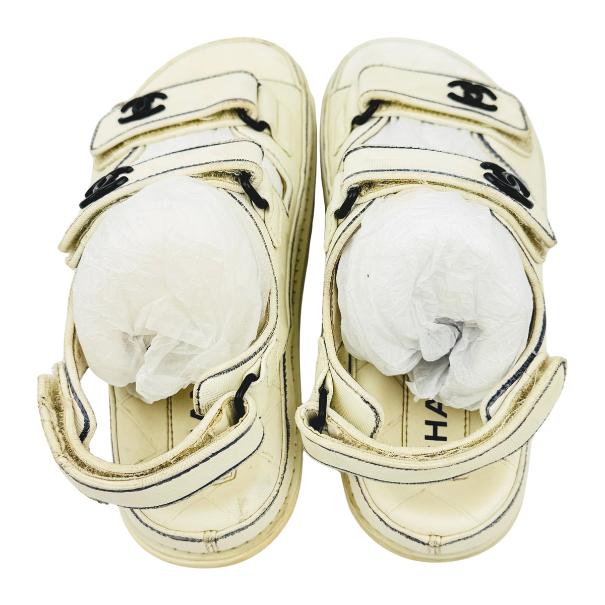 Chanel White Black Velcro Dad Sandals (Size 37) - G35927-X56386-K3897
