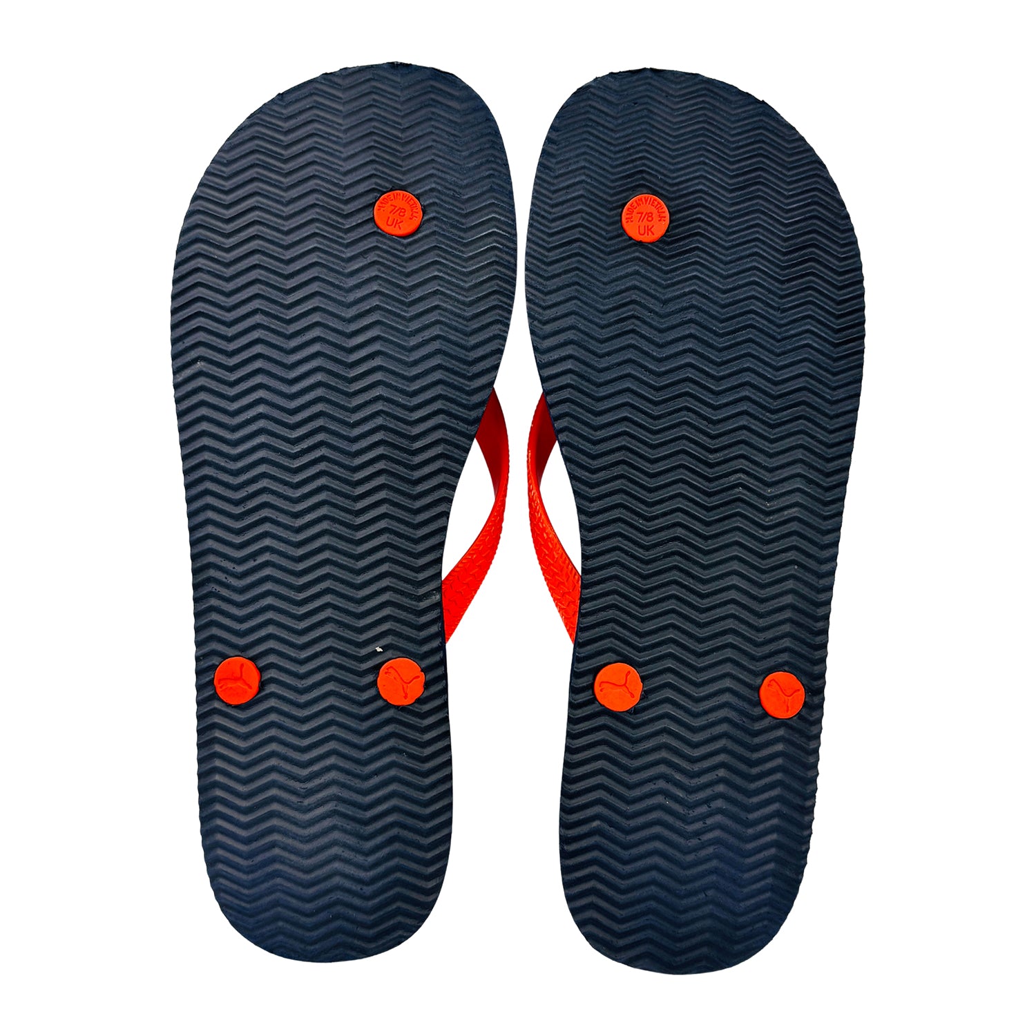 Pair of puma flip-flops showing the outsole on a white background