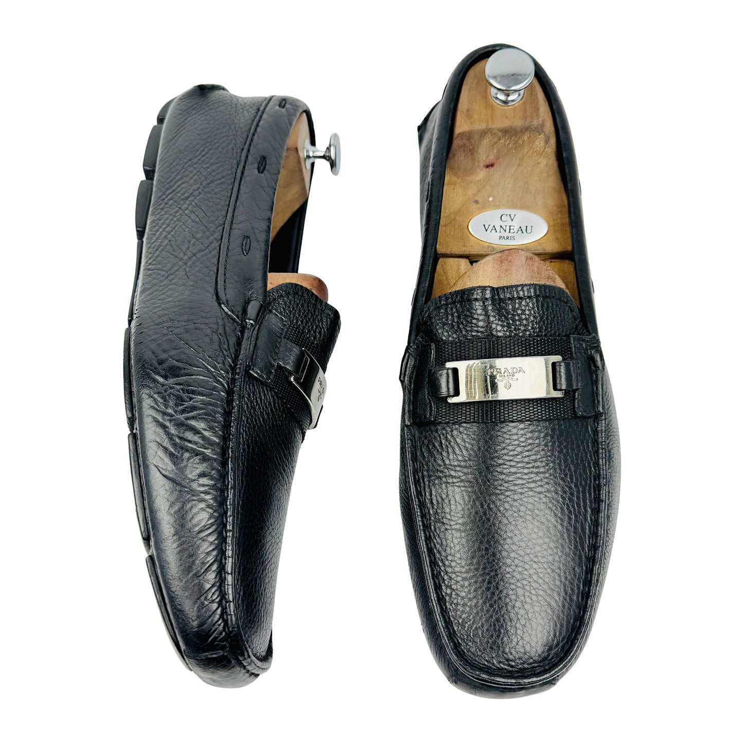 Prada Men's Black Grained Leather Loafers (Size 44)