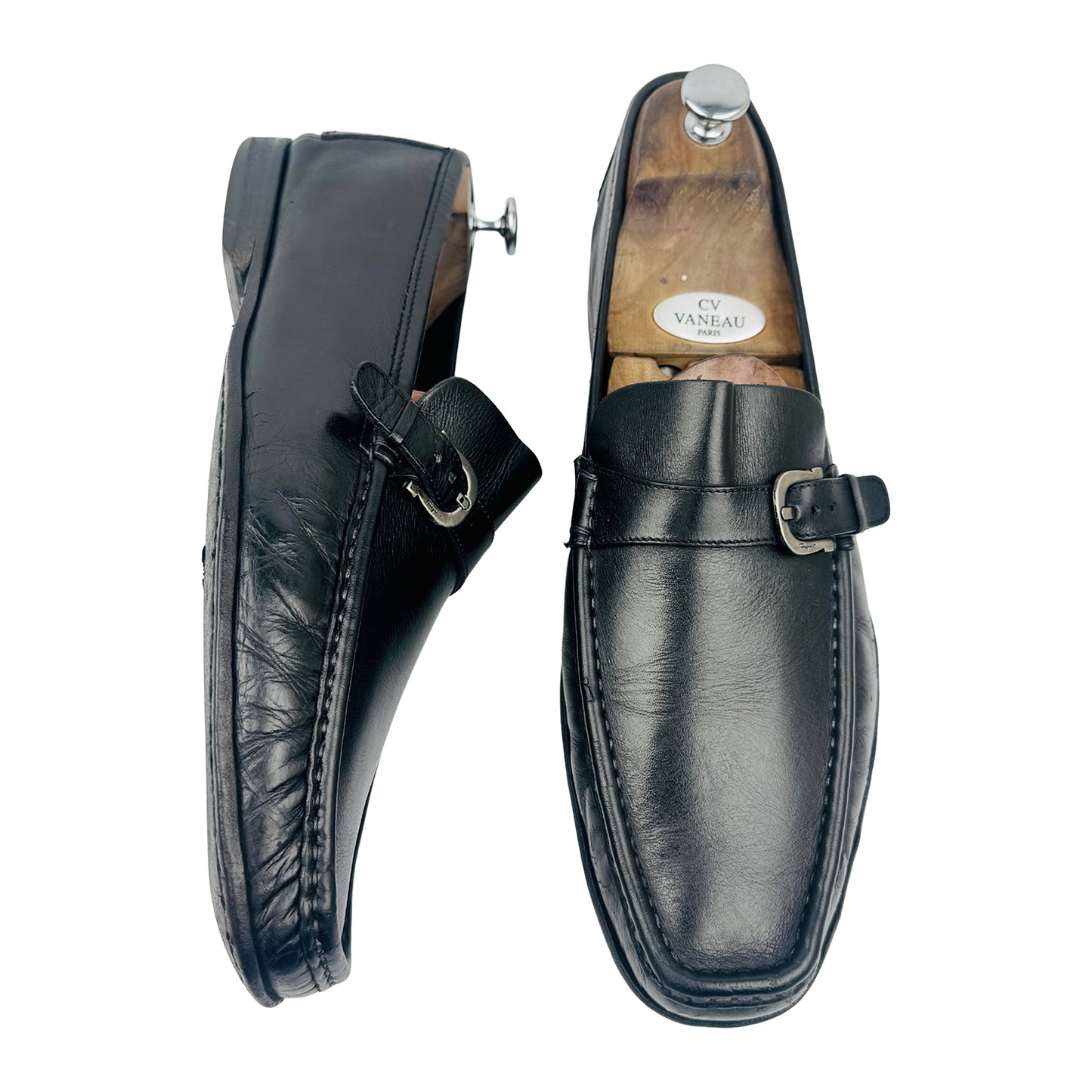 Salvatore Ferragamo Black Leather Buckle Loafers (Size 44)