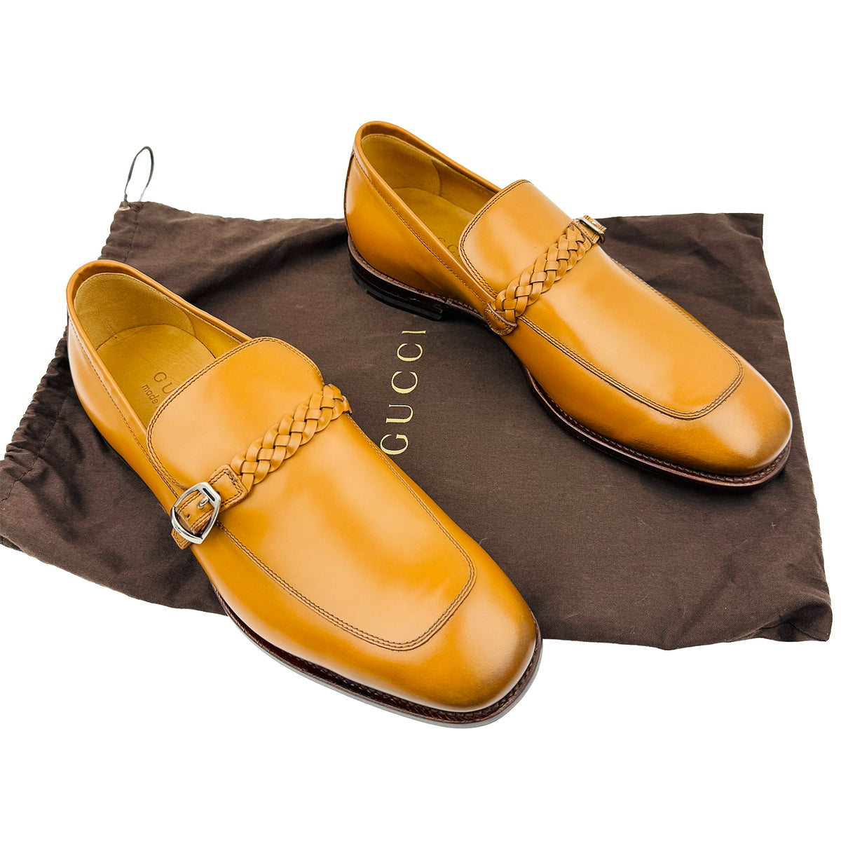Gucci Cognac Brown Buckle Strap Leather Loafers (Size 43)