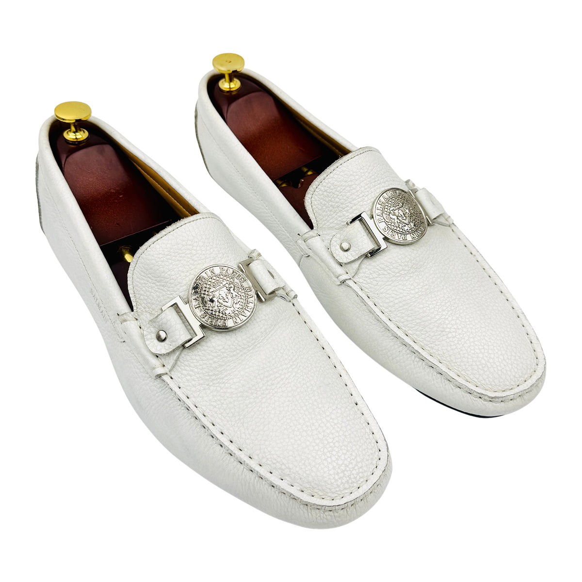 Balmain White Pebbled Leather Driving Loafers (Size 44)