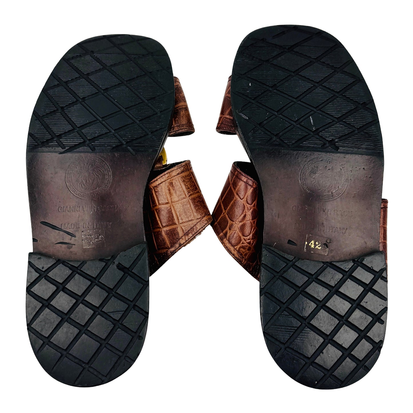 Versace Brown Crocodile Embossed Strap Slides (Size 42.5)