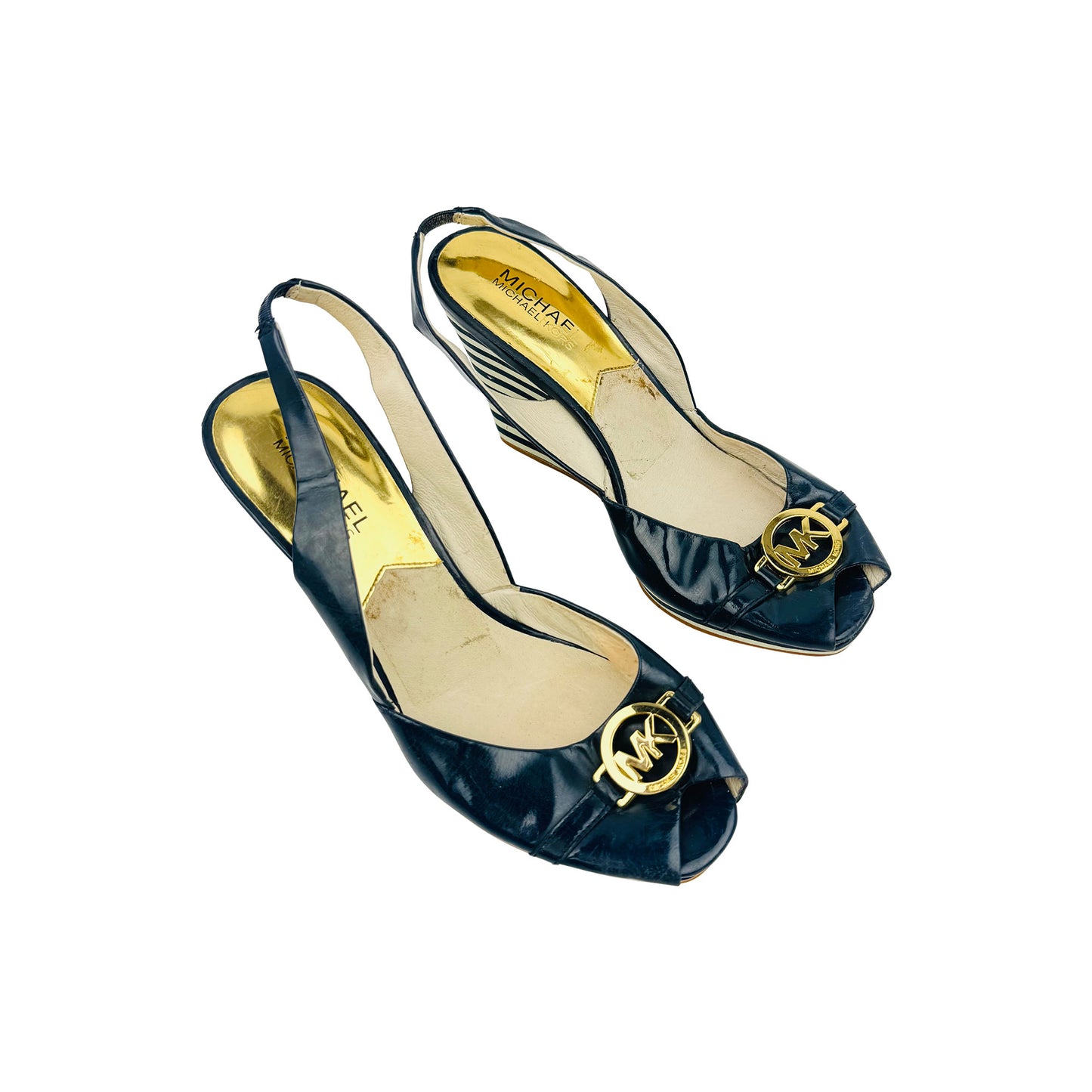Michael Kors Navy Logo Wedge Slingback Heels (Size 38)