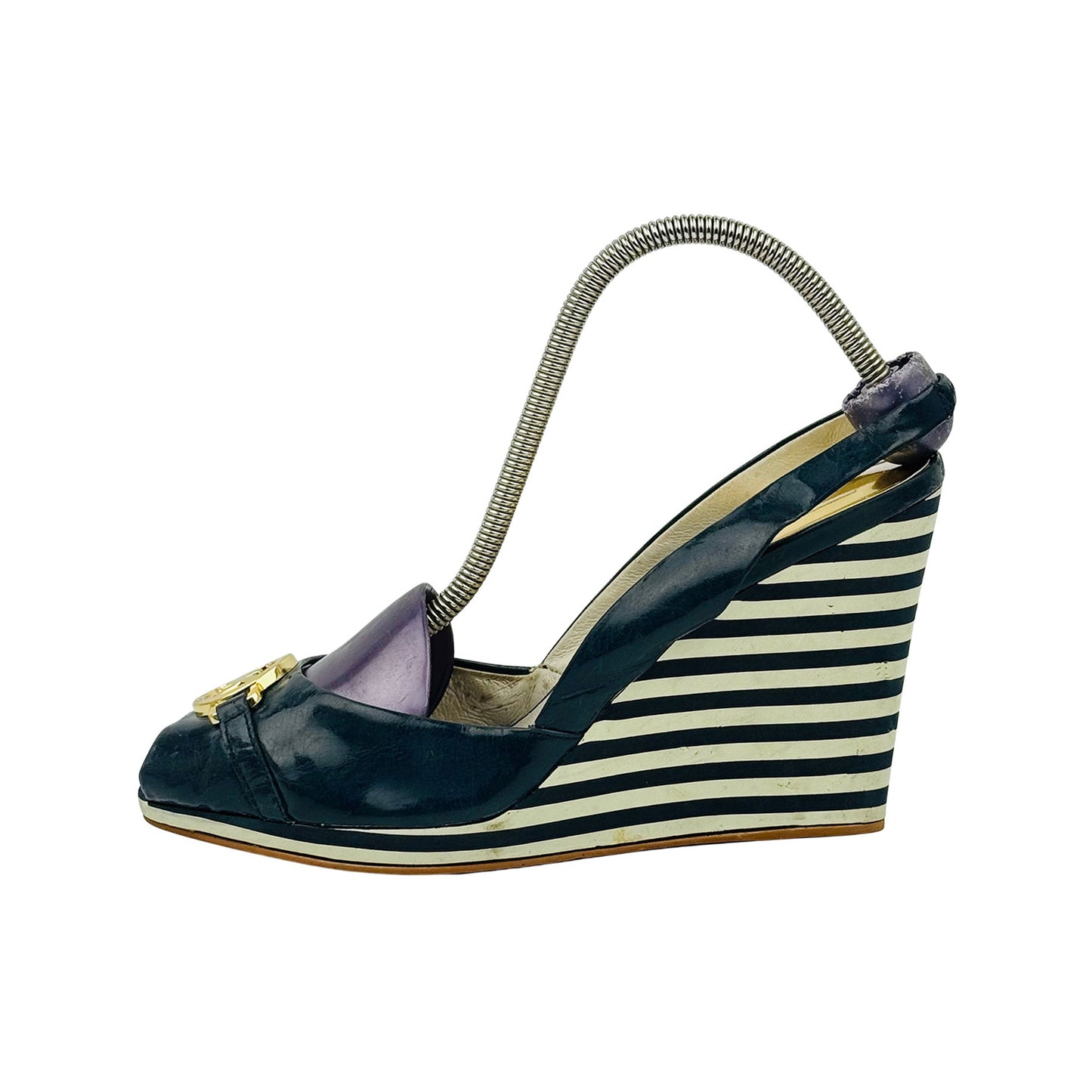 Michael Kors Navy Logo Wedge Slingback Heels (Size 38)