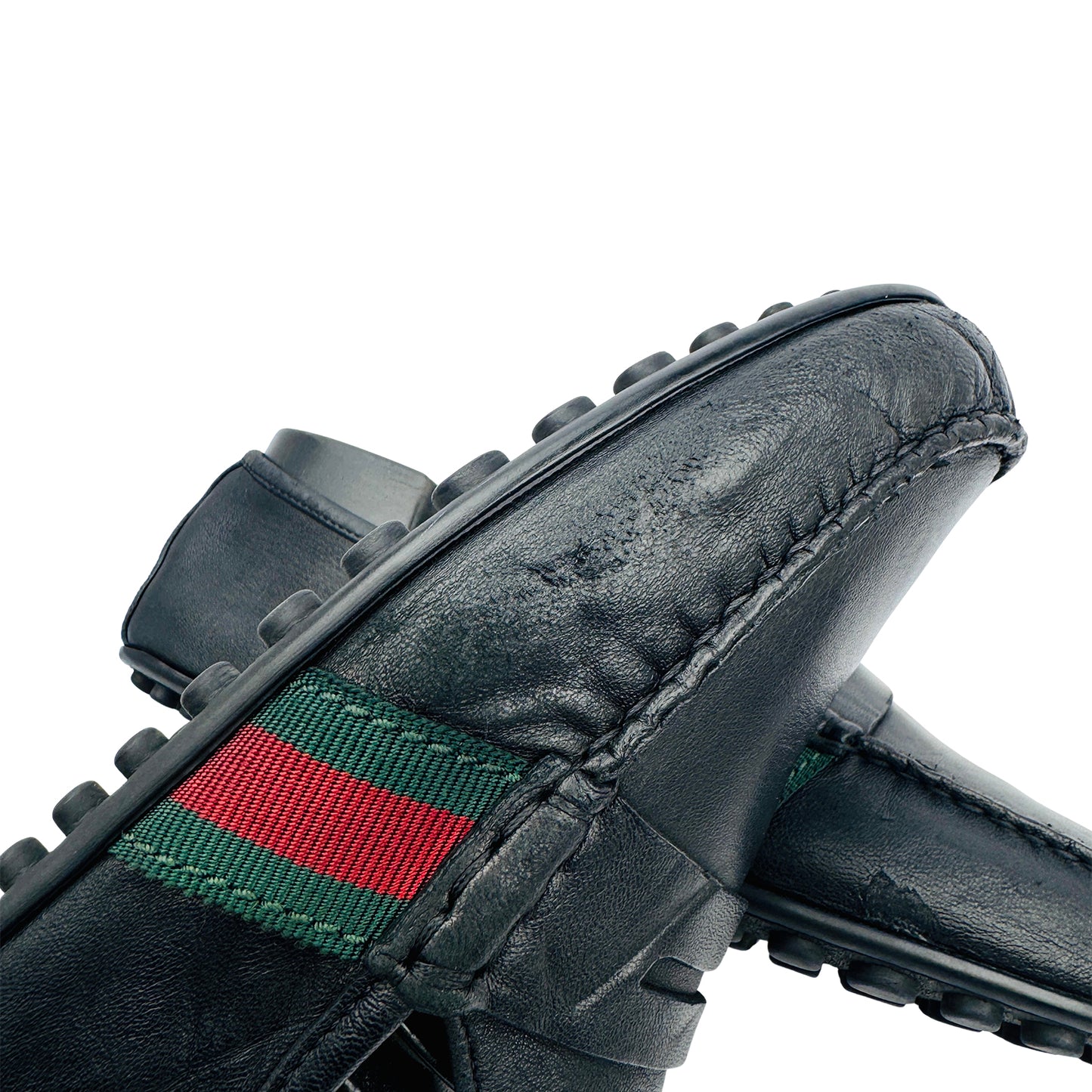 Gucci Men's Black Leather Web Loafers (Size 43.5) - 407411