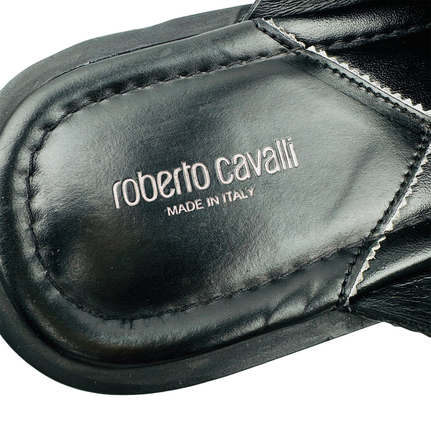 Roberto Cavalli Snake Effect Black Leather Slides (Size 41)