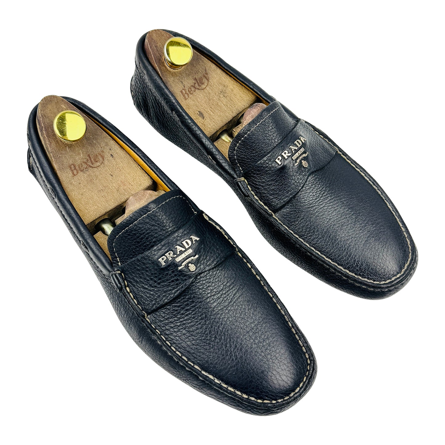 Prada Men's Grained Leather Metal Logo Driving Loafers (Size 42)