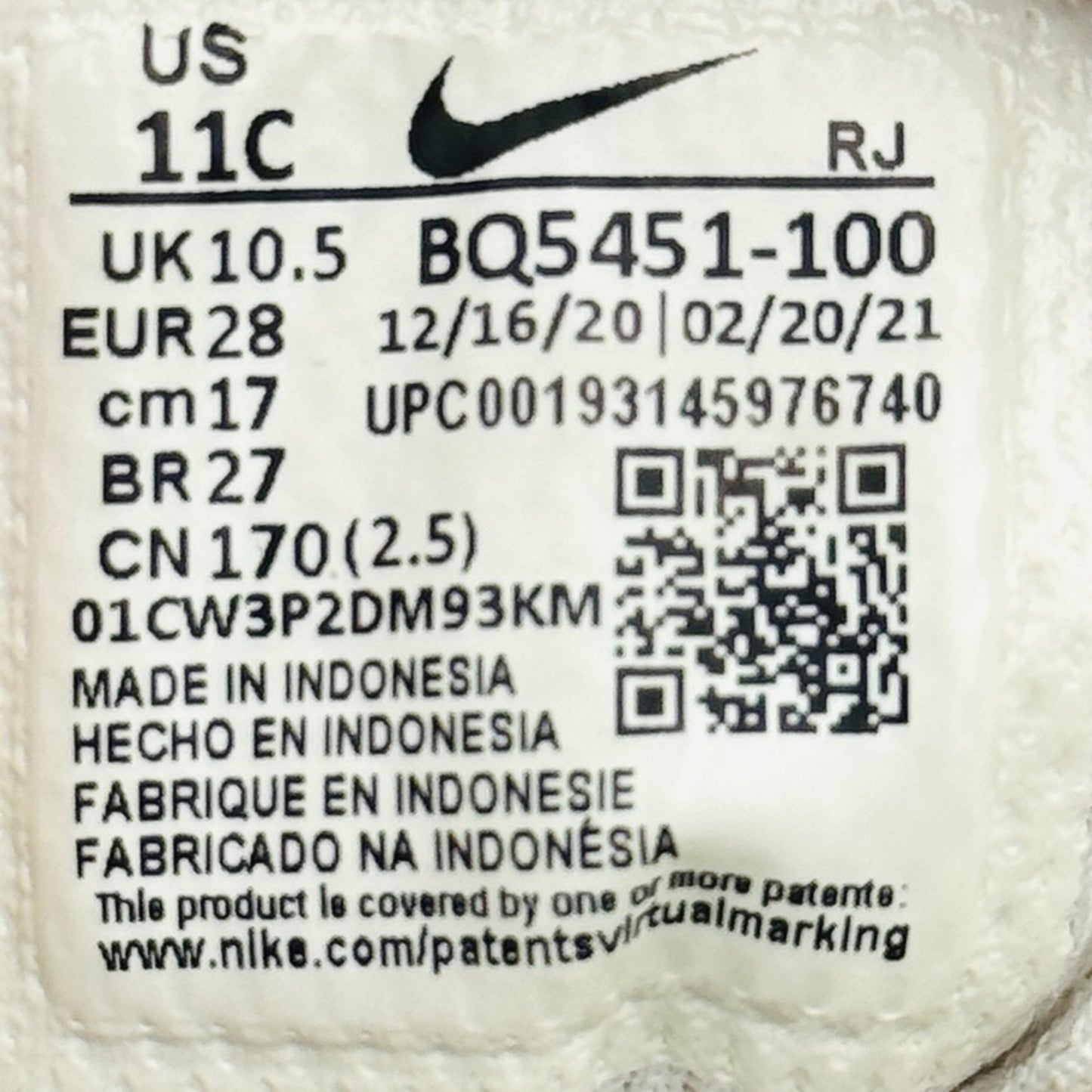 Inside code, made, size printing image of Nike Kid's Court Borough Low 2 Shoes (Size 28) - BQ5451-100