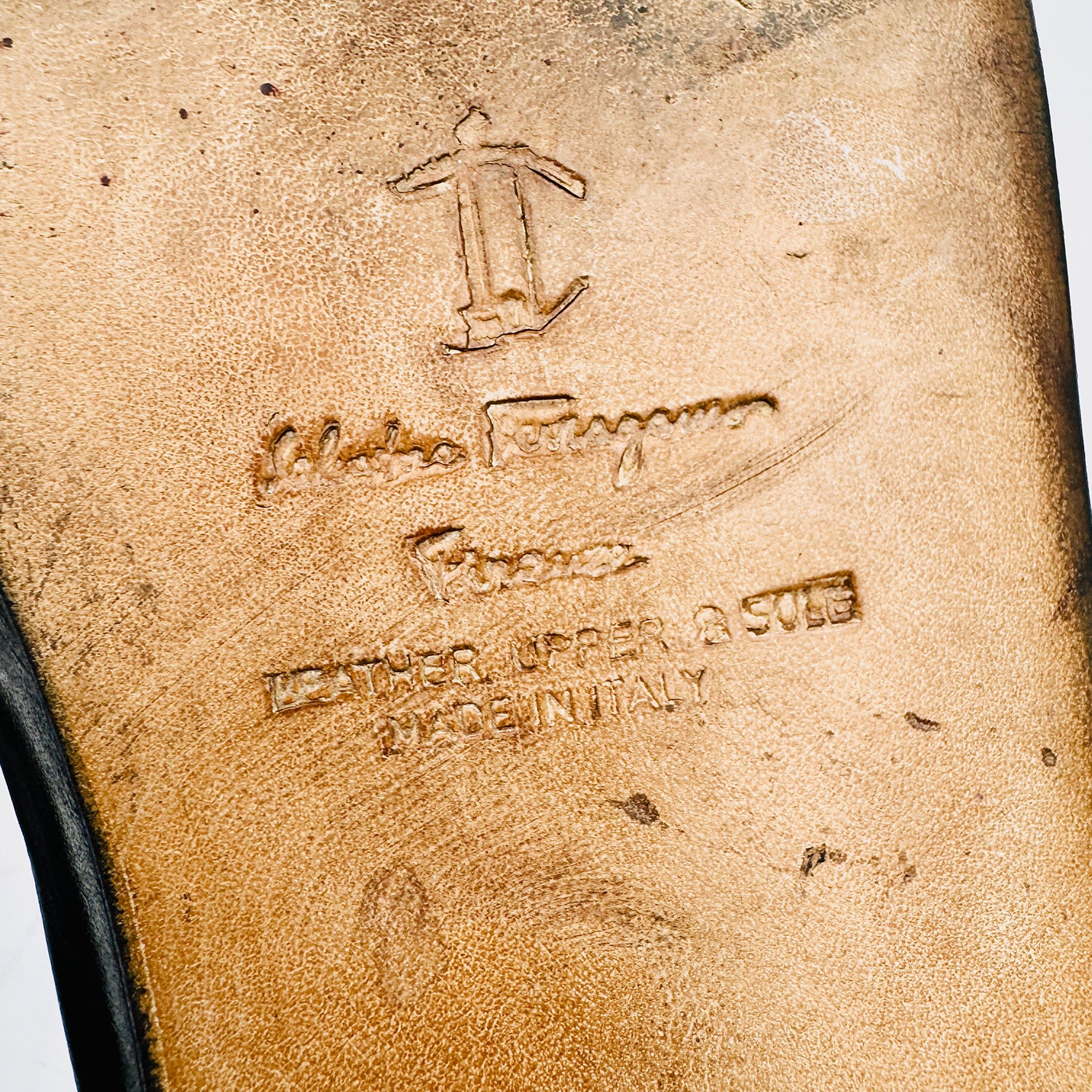 Outsole Brand, Made Embossing closeup image of Salvatore Ferragamo Tuxedo Penny Loafers (Size 43)