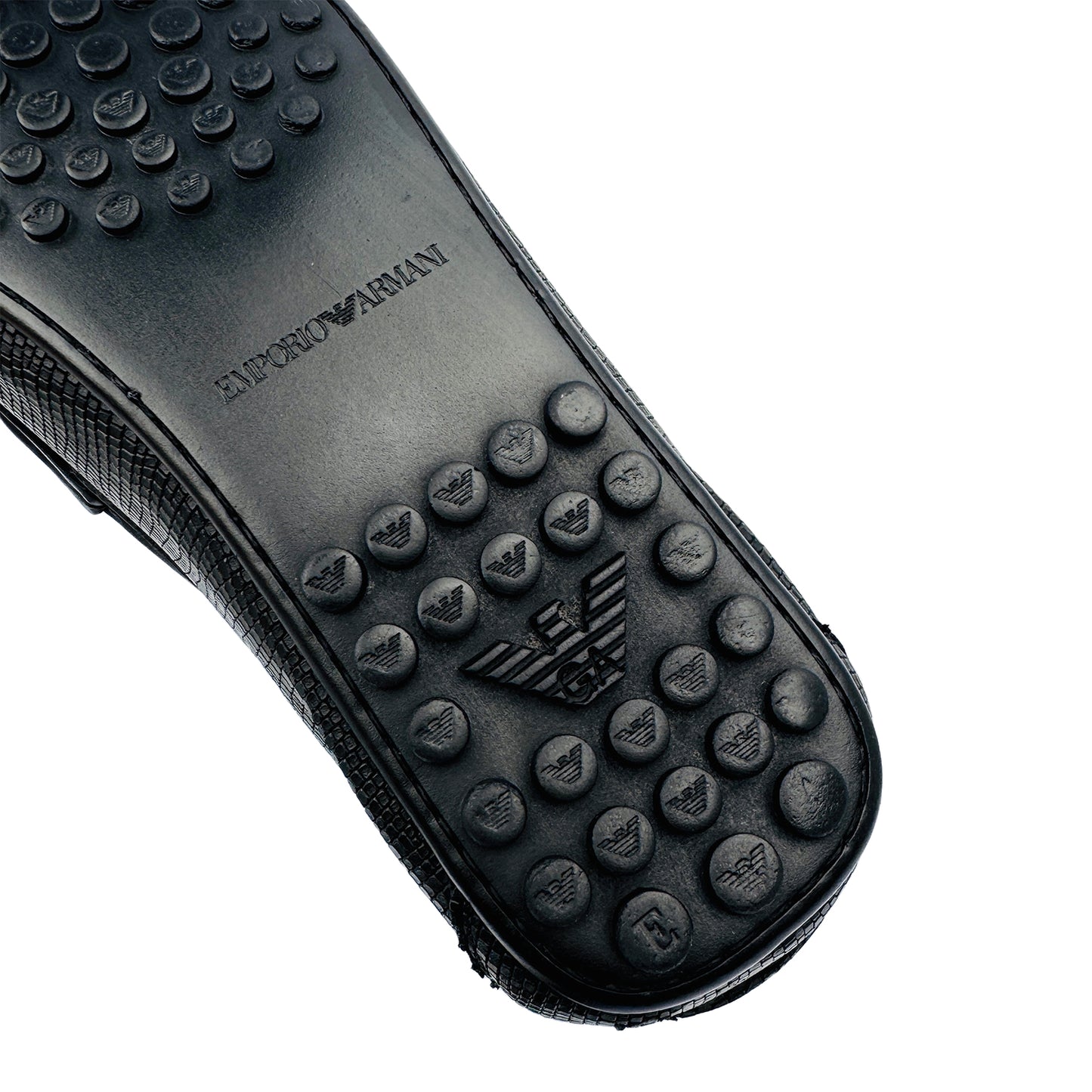 Outsole Brand Embossing Closeup image of Emporio Armani Men's Black Textured Loafers (Size 42.5/43) - X4B064