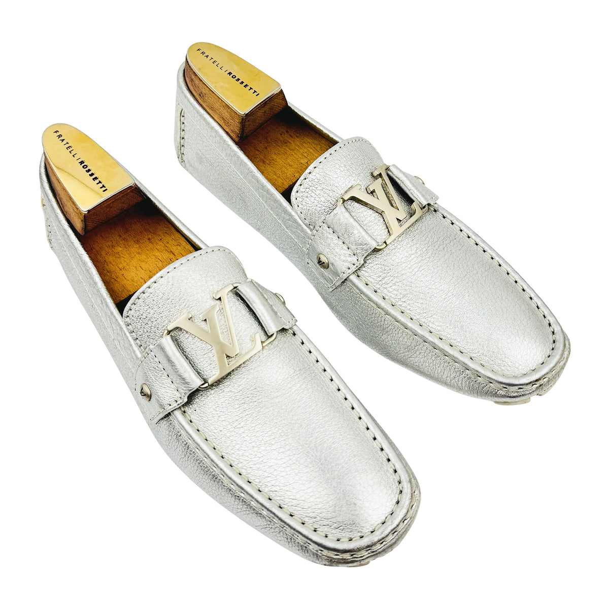 Louis Vuitton Monte Carlo Metallic Silver Leather Loafers (Size 43/43.5)