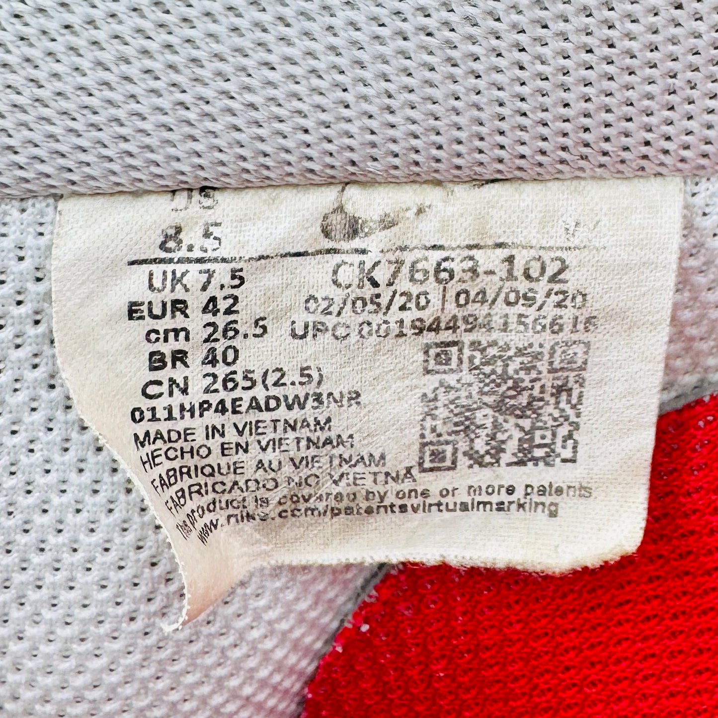 Nike Air Force 1 Low University Red Shoes (Size 42/42.5) - CK7663‑102
