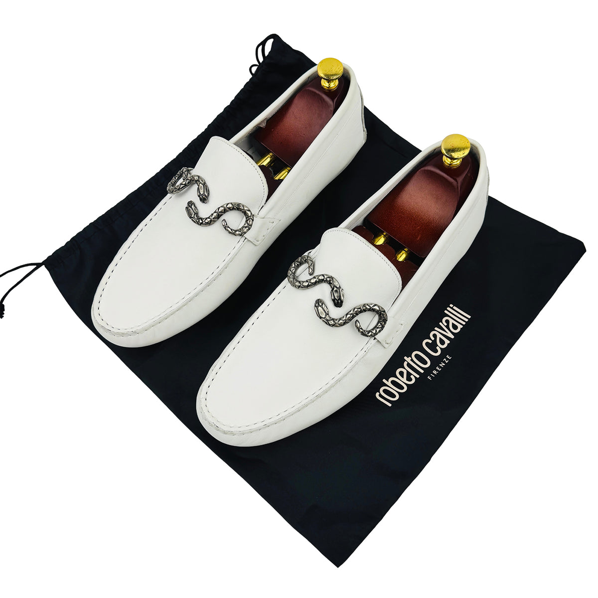Roberto Cavalli White Nappa Leather Snake Loafers (Size 44)