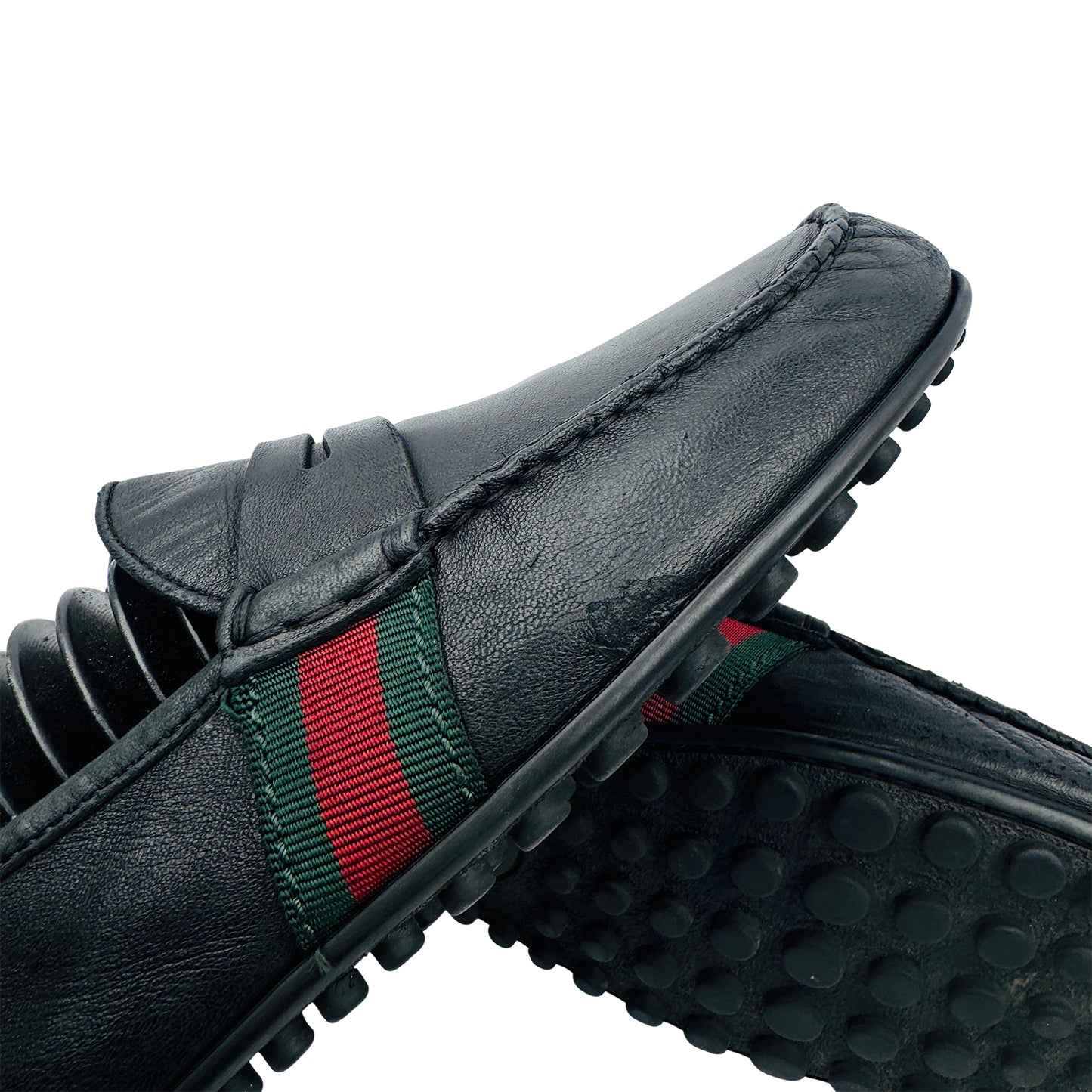 Gucci Men's Black Leather Web Loafers (Size 43.5) - 407411
