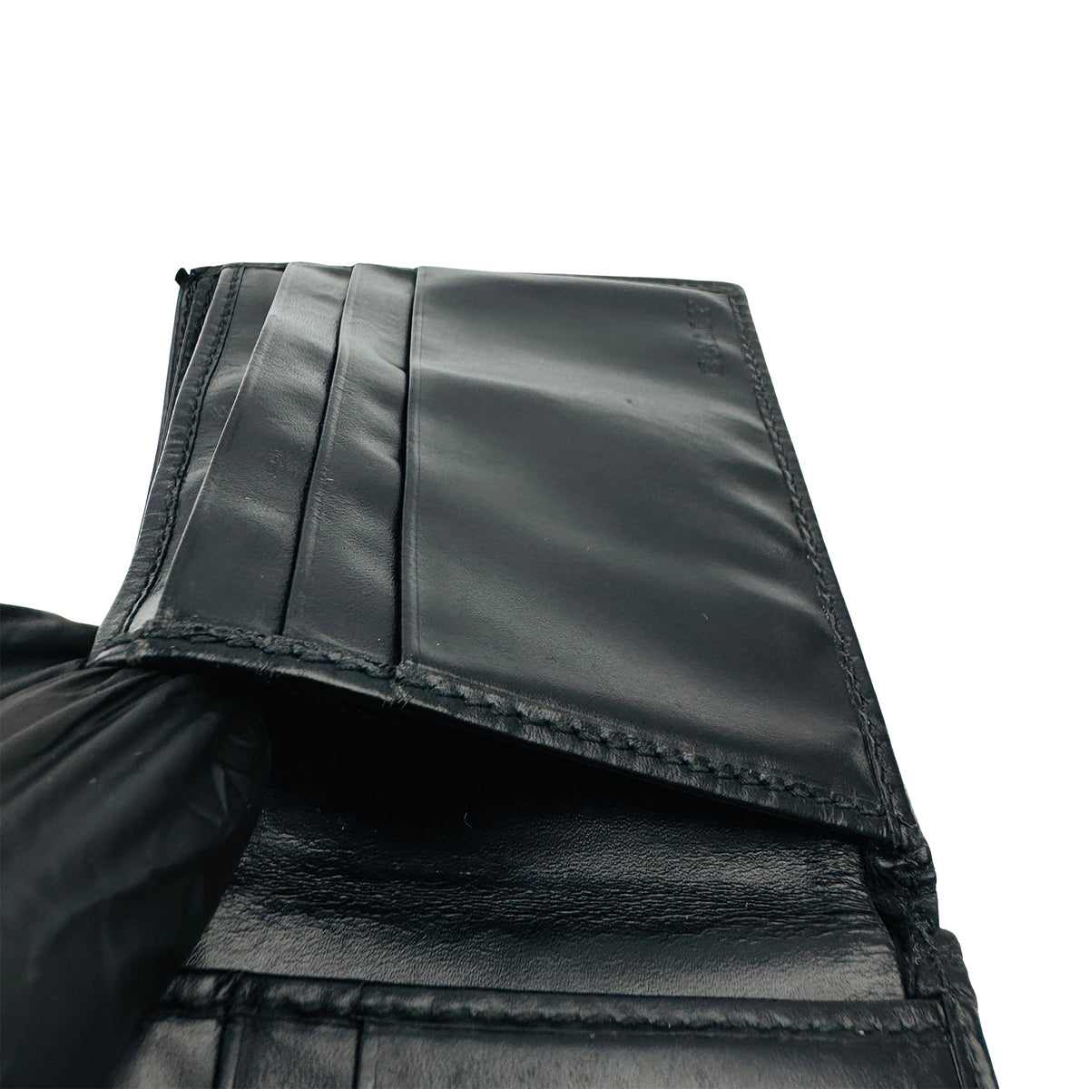 Bally Black Leather Bi-Fold Metal B Corner Wallet