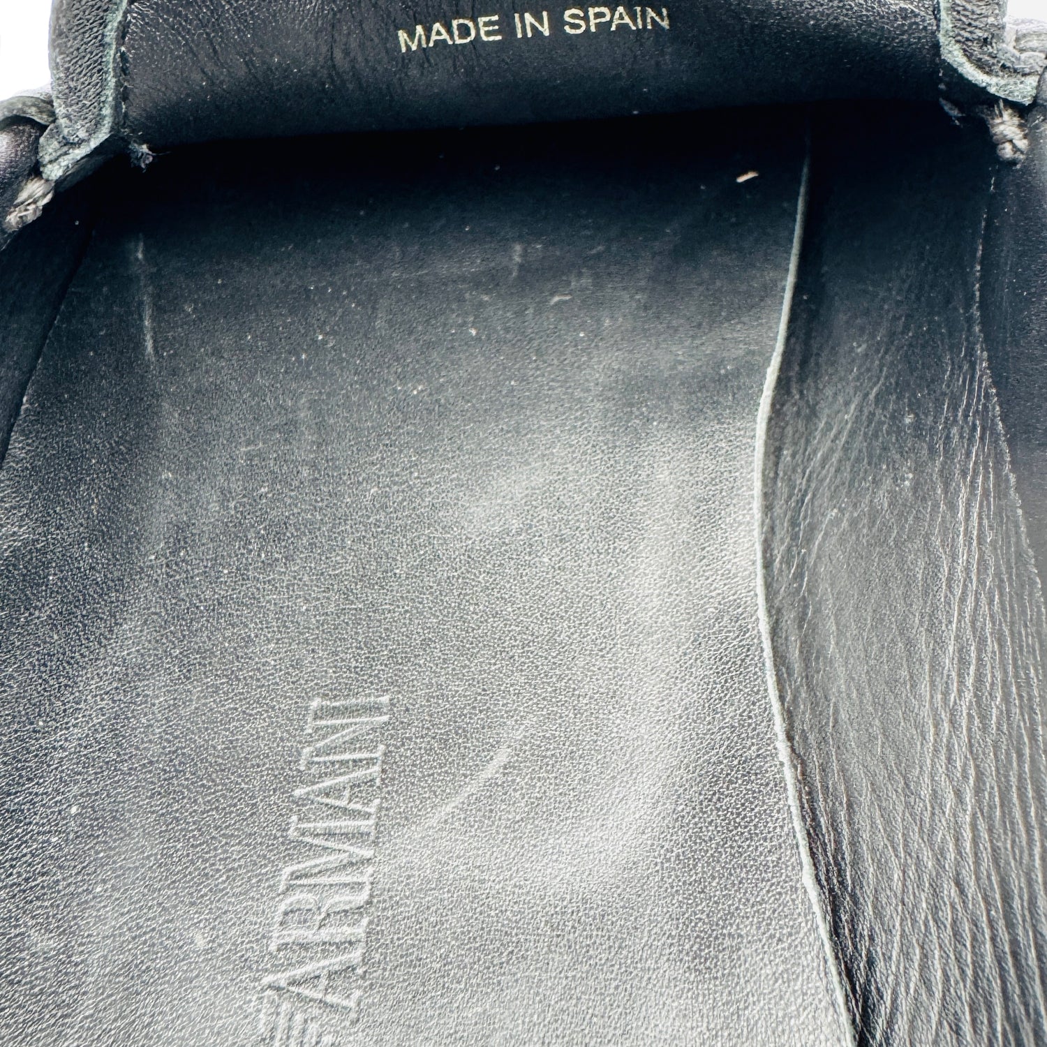 Inside Sole Brand printing image of Emporio Armani Men's Black Textured Loafers (Size 42.5/43) - X4B064
