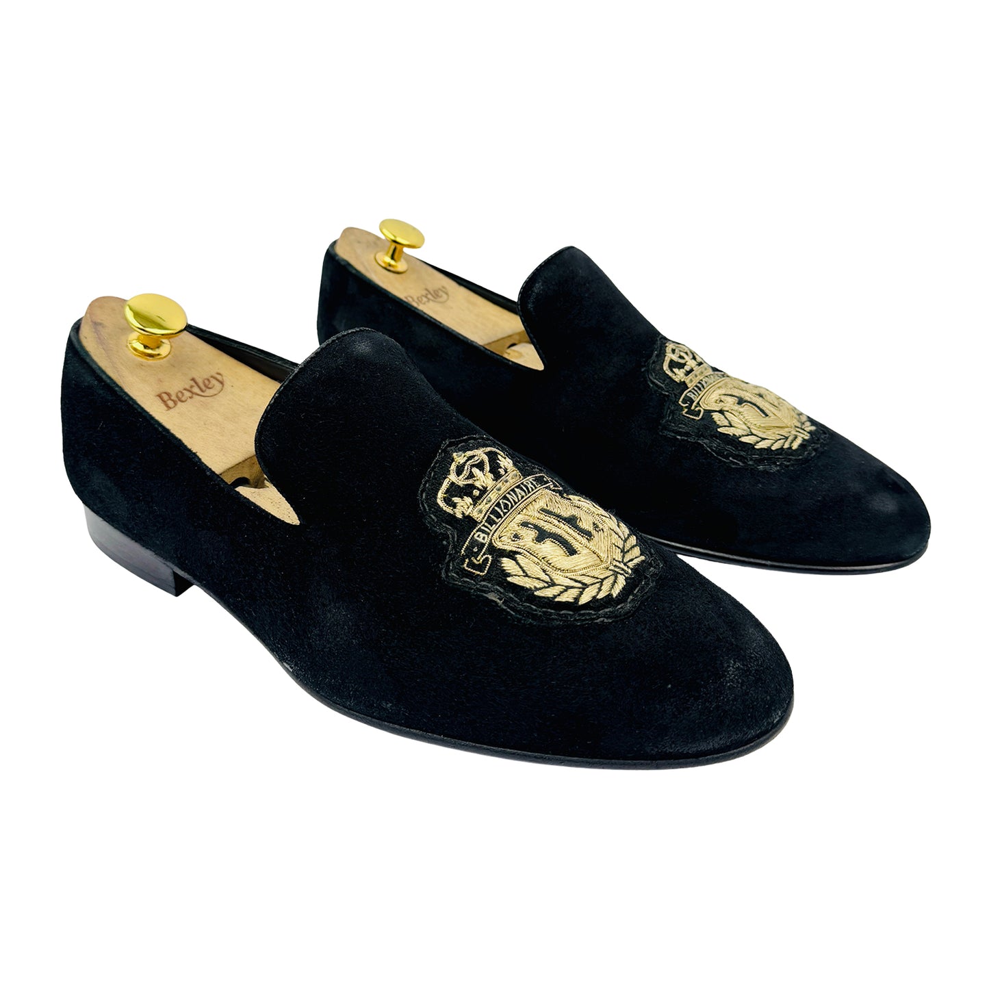 Billionaire Black Gold Velvet Embossed Logo Loafers (Size 42.5/43)