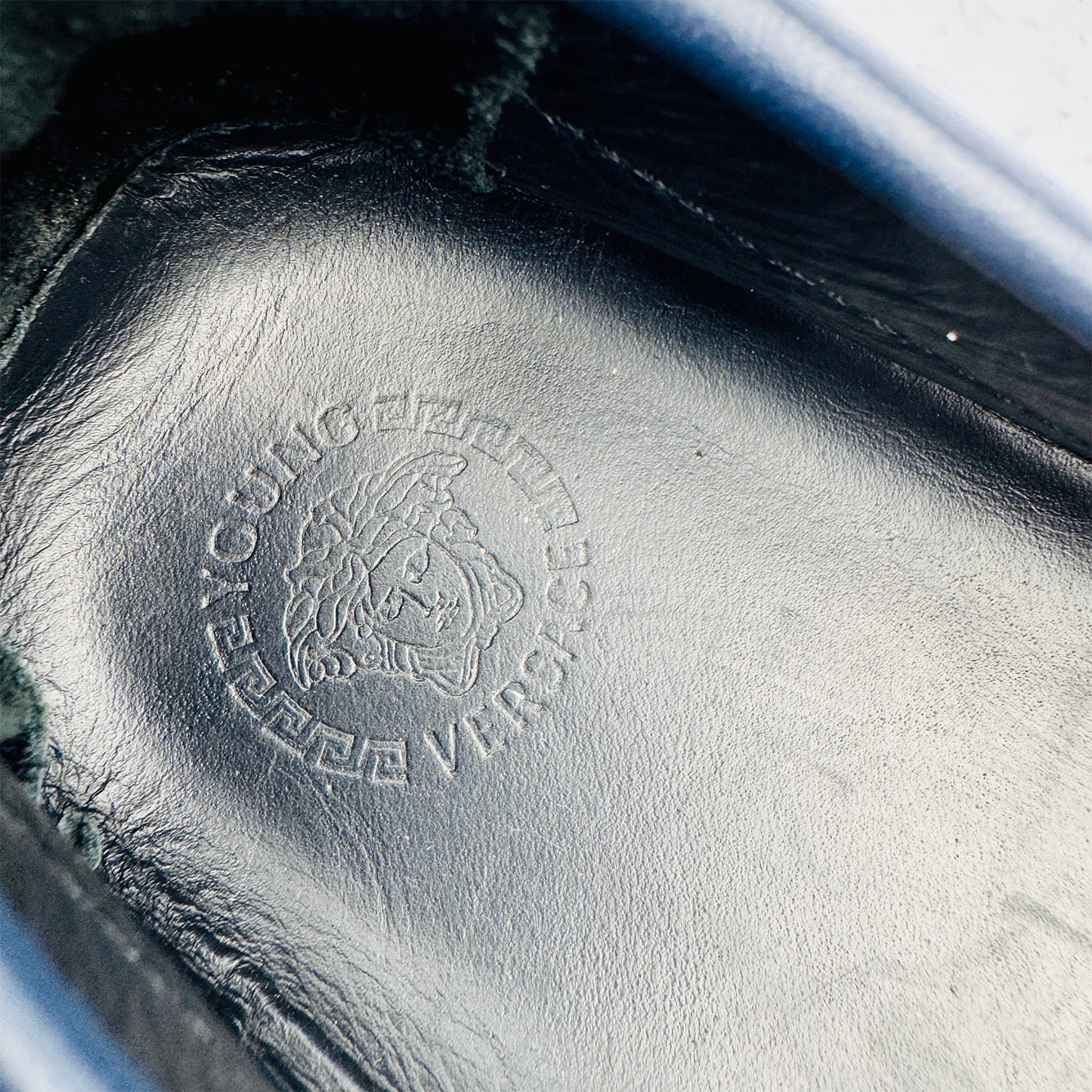 Versace Medusa Logo Embossed Blue Leather Loafers (Size 39)