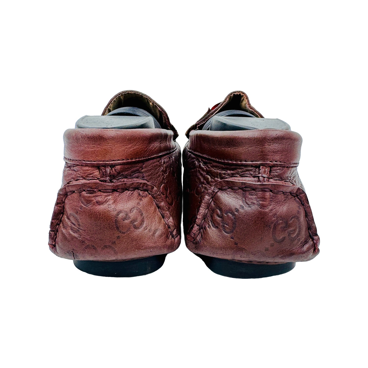 Back Image of Gucci Men's GG Buckle Brown Leather Loafers (Size 42)